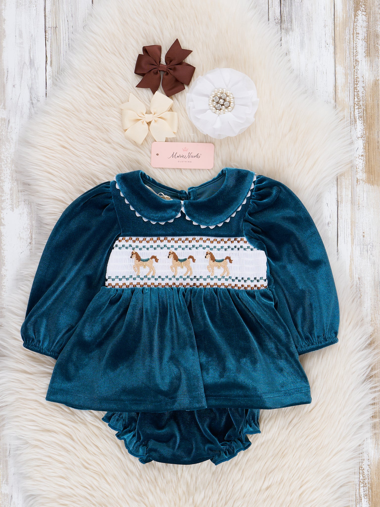 Turquoise Velvet Smocked Ponies Bloomers Outfit - Marie Nicole Clothing