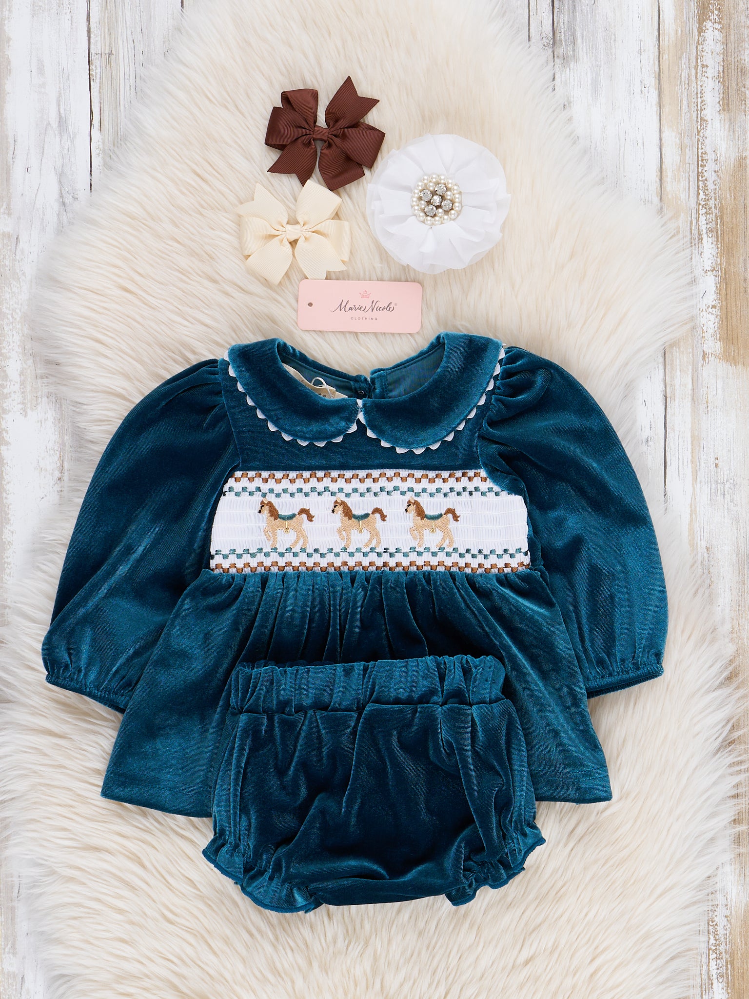 Turquoise Velvet Smocked Ponies Bloomers Outfit - Marie Nicole Clothing