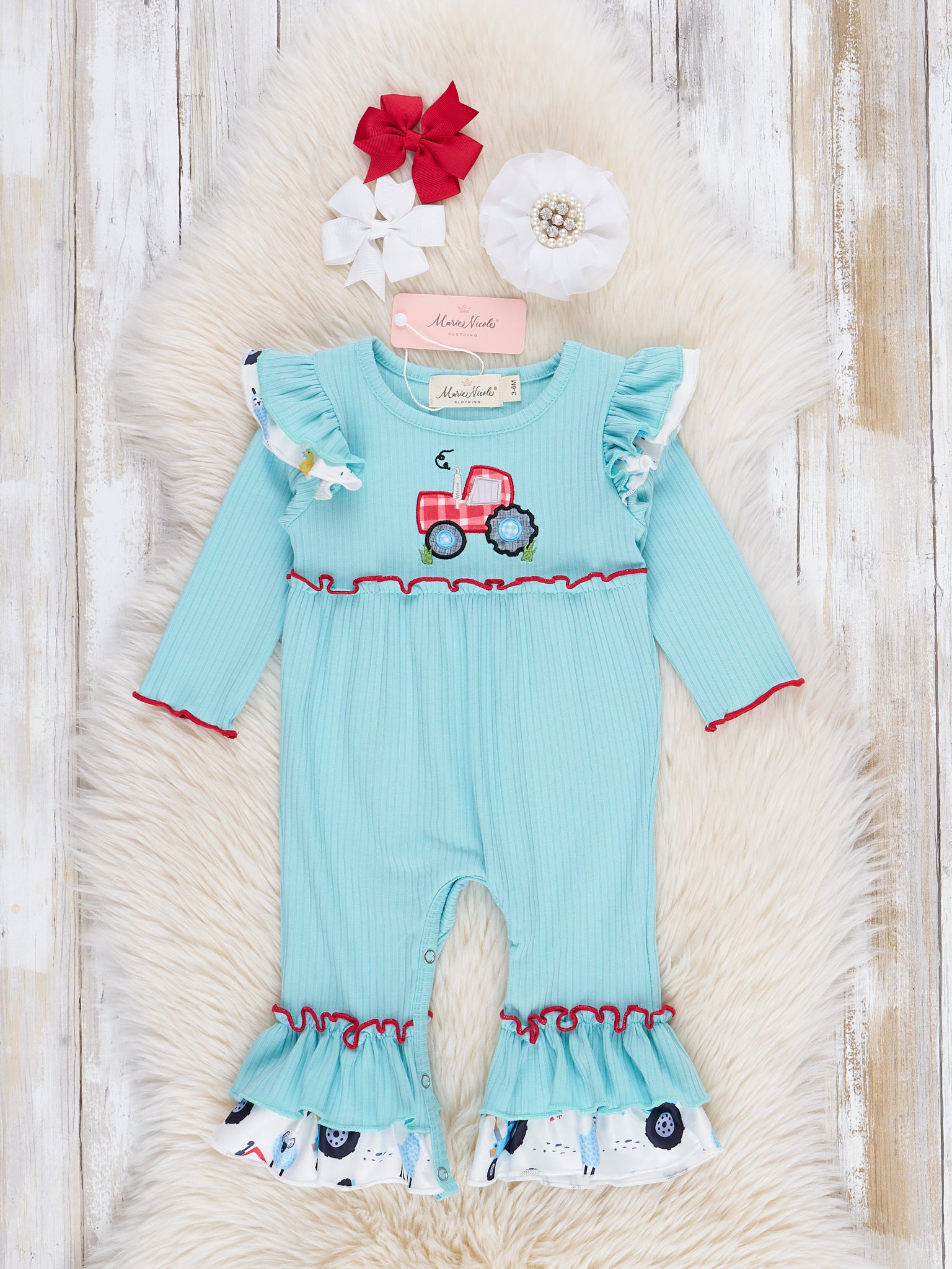 Teal Ribbed Gingham Tractor Ruffle Romper - Marie Nicole Clothing