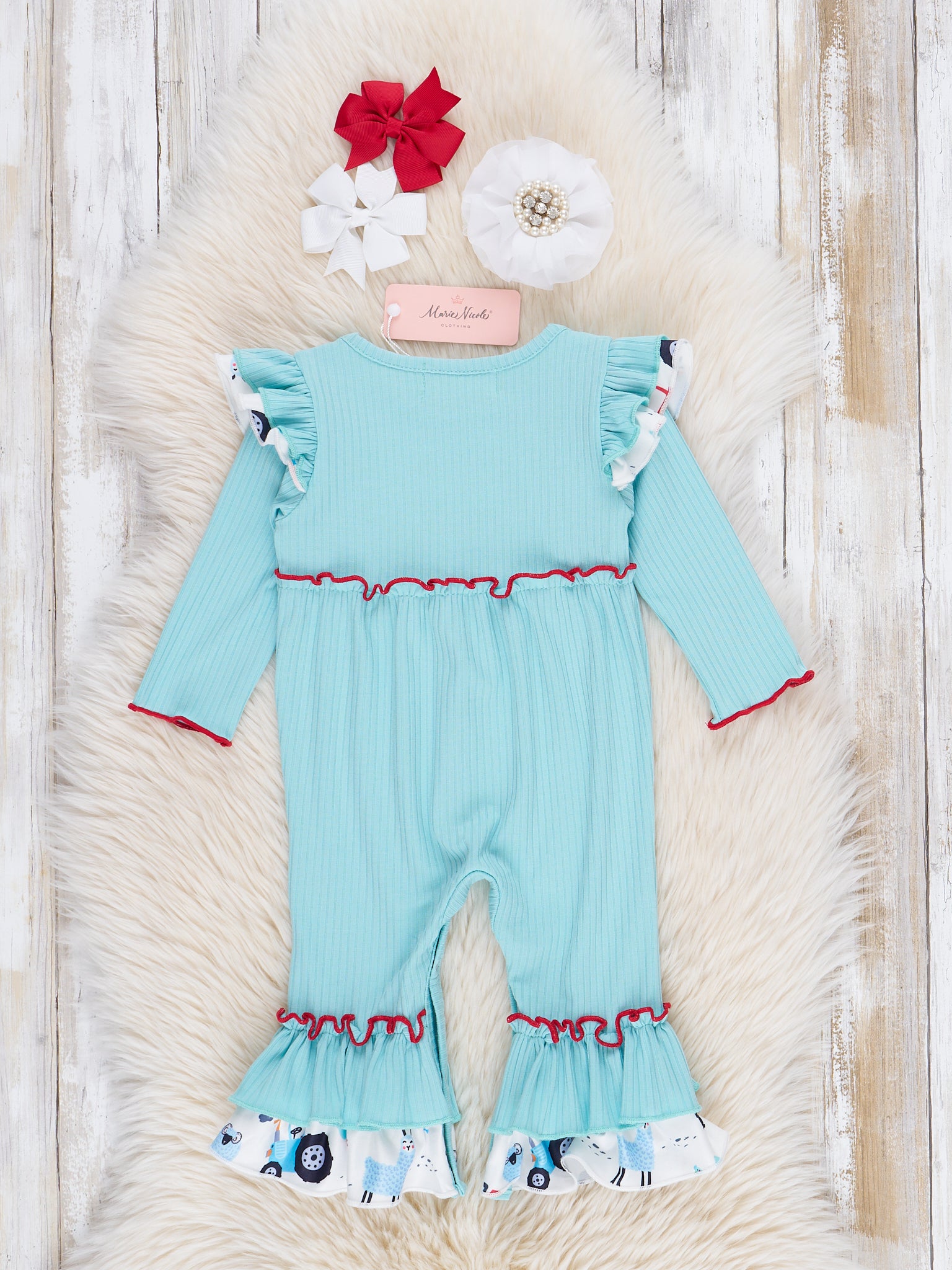 Teal Ribbed Gingham Tractor Ruffle Romper - Marie Nicole Clothing
