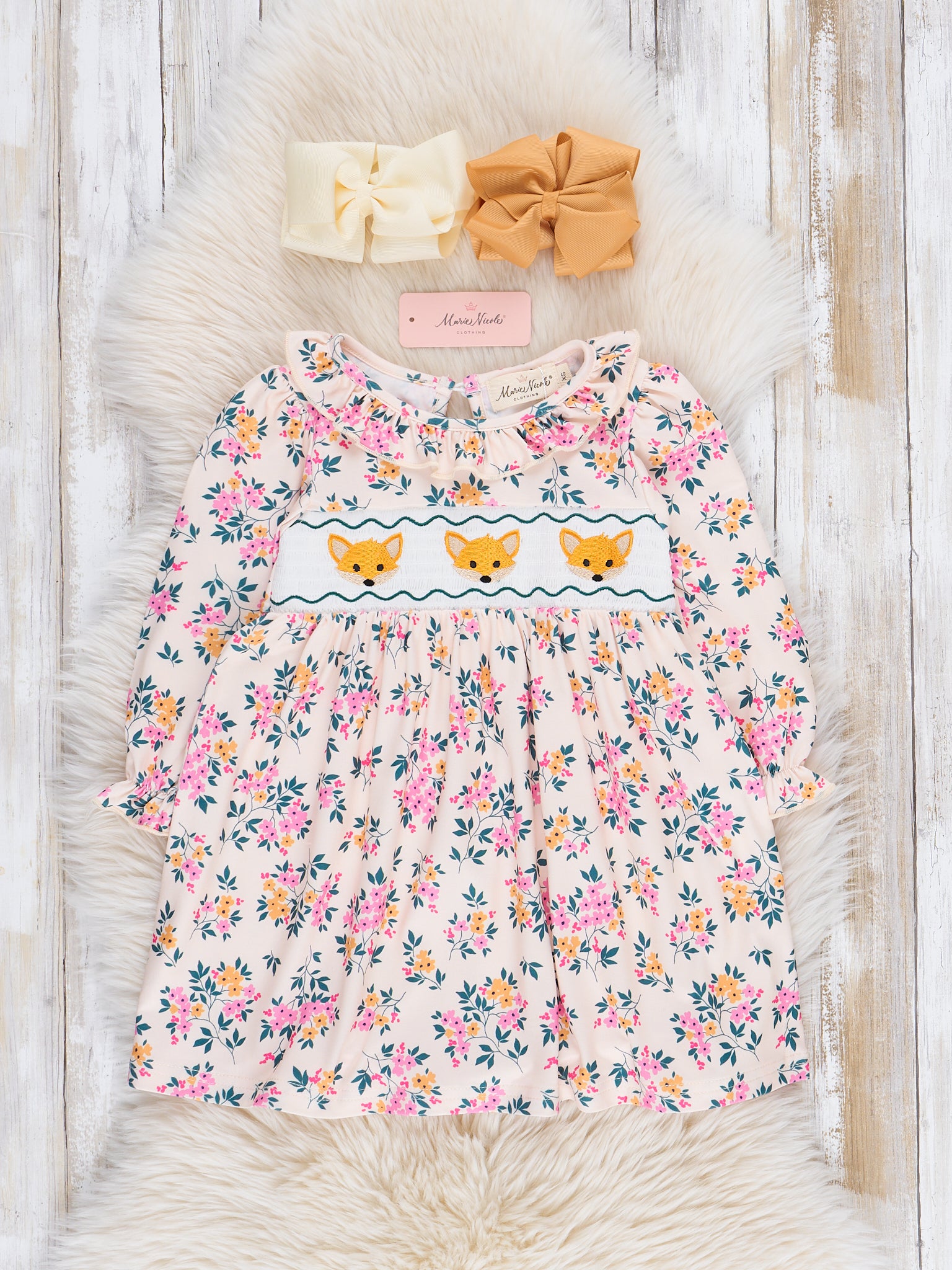 Hunter Green Floral Smocked Little Fox Dress - Marie Nicole Clothing