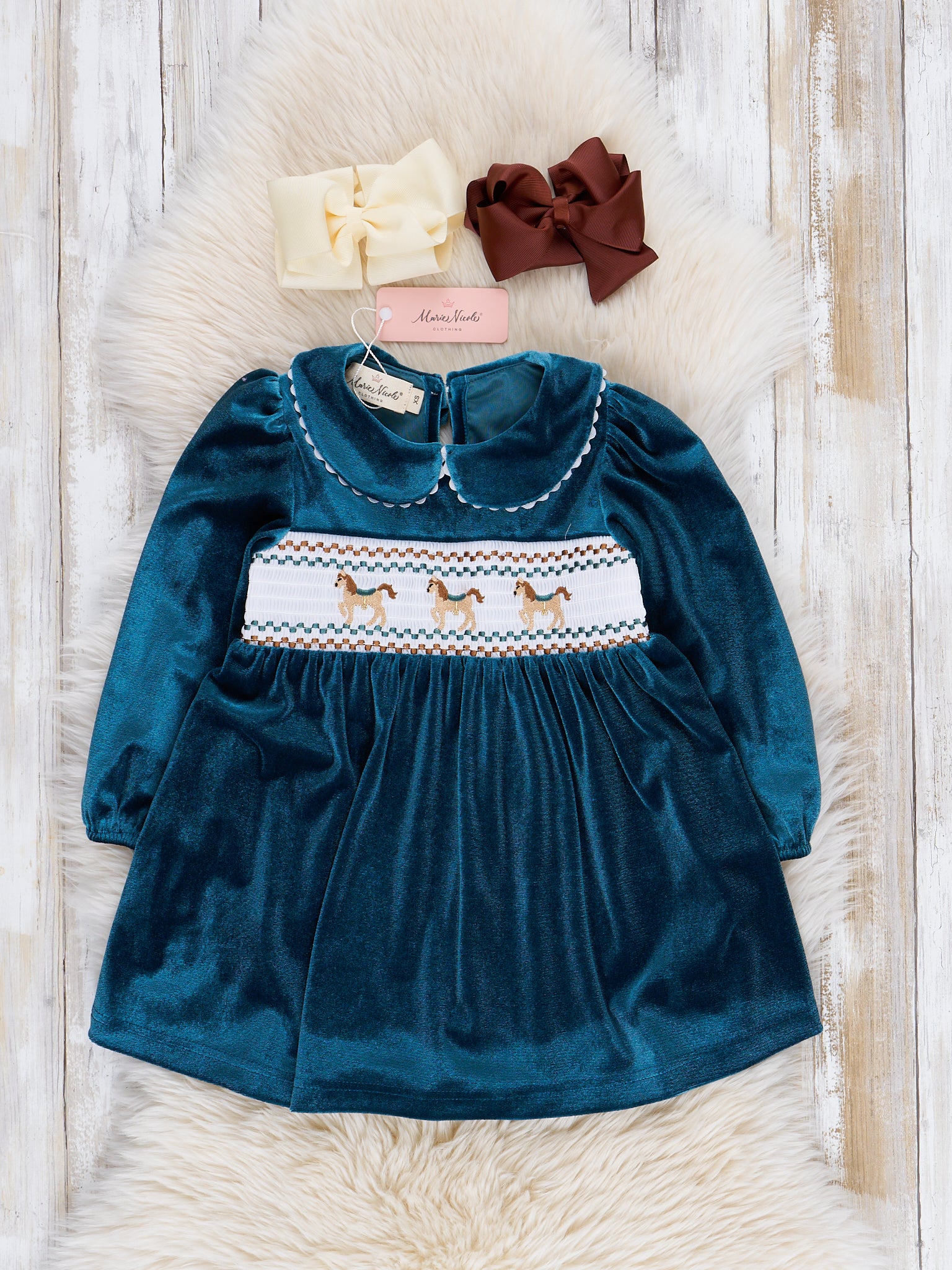 Turquoise Velvet Smocked Ponies Dress - Marie Nicole Clothing