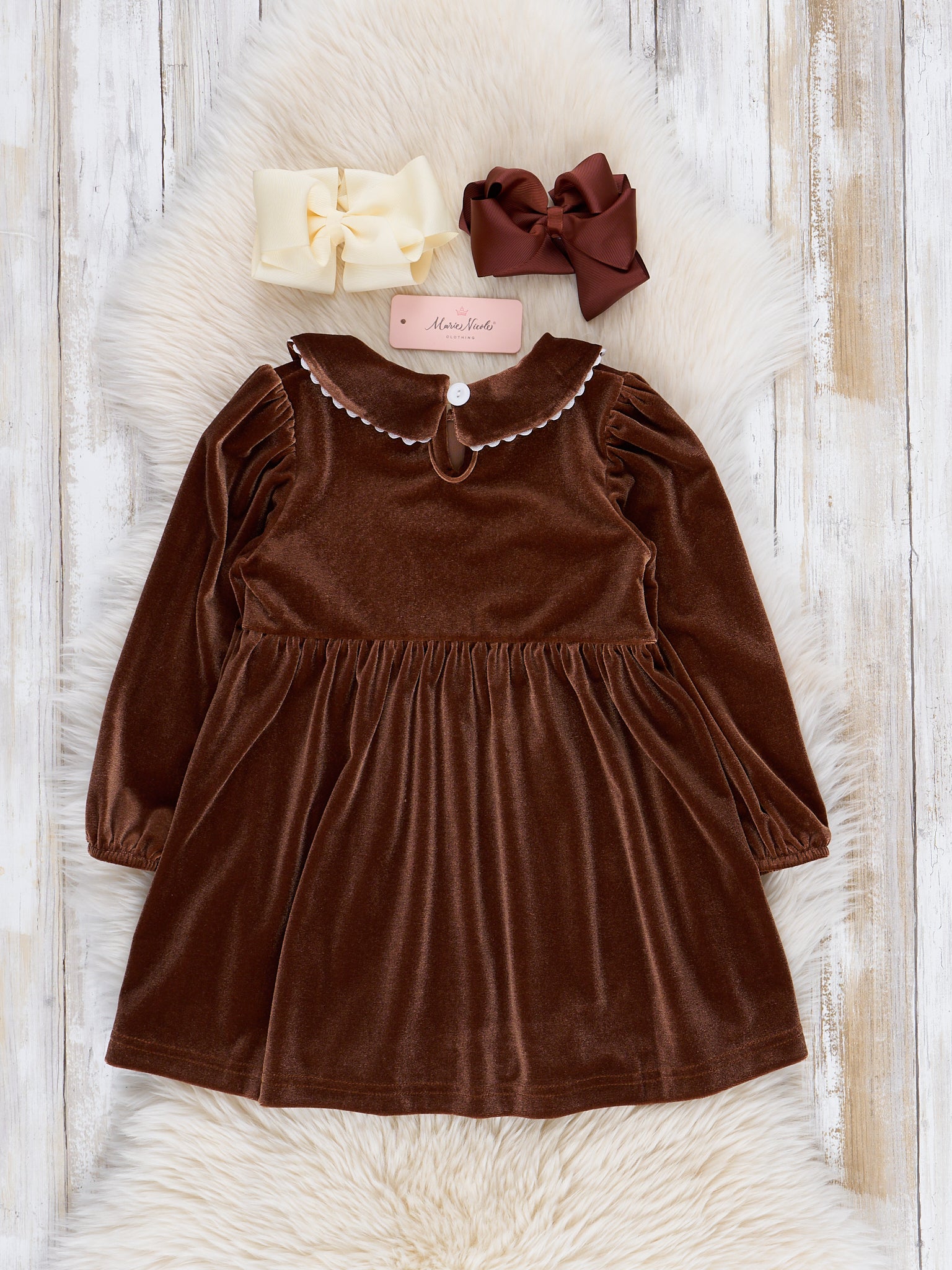 Brown Velvet Autumn Smocked Dress - Marie Nicole Clothing