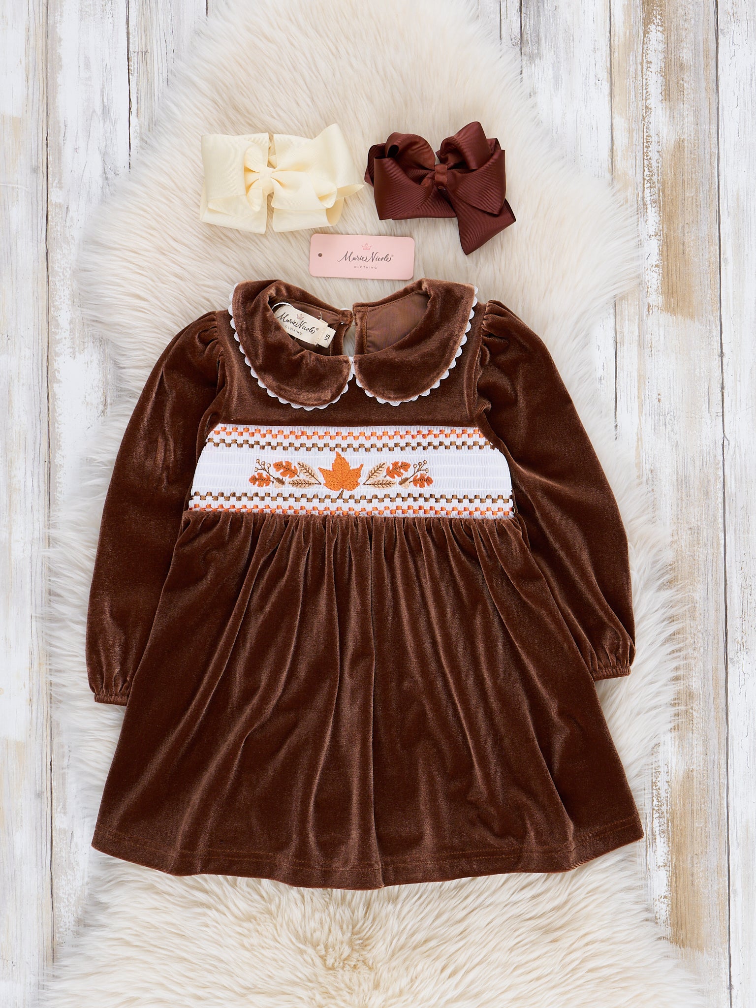 Brown Velvet Autumn Smocked Dress - Marie Nicole Clothing
