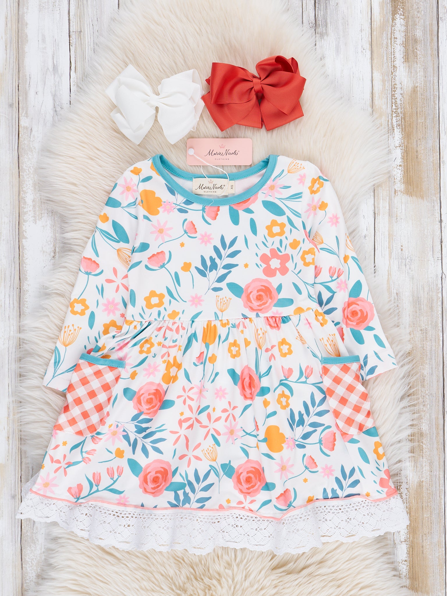 Orange & Teal Floral Lace Hem Dress - Marie Nicole Clothing