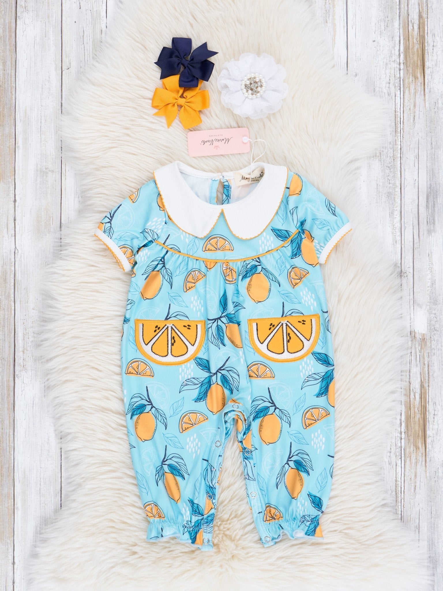 Turquoise Embroidered Lemons Romper - Marie Nicole Clothing