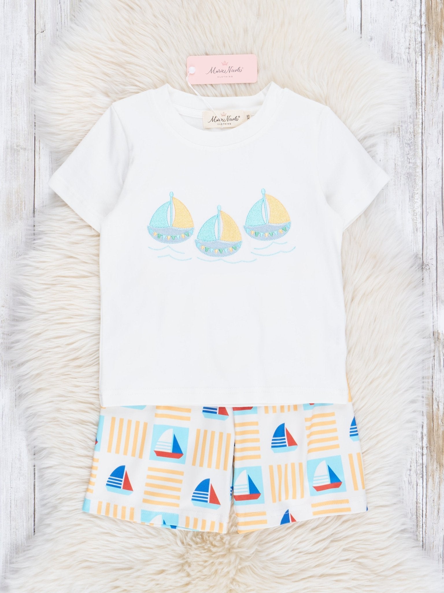 Yellow & Blue Embroidered Sailboats Outfit - Marie Nicole Clothing