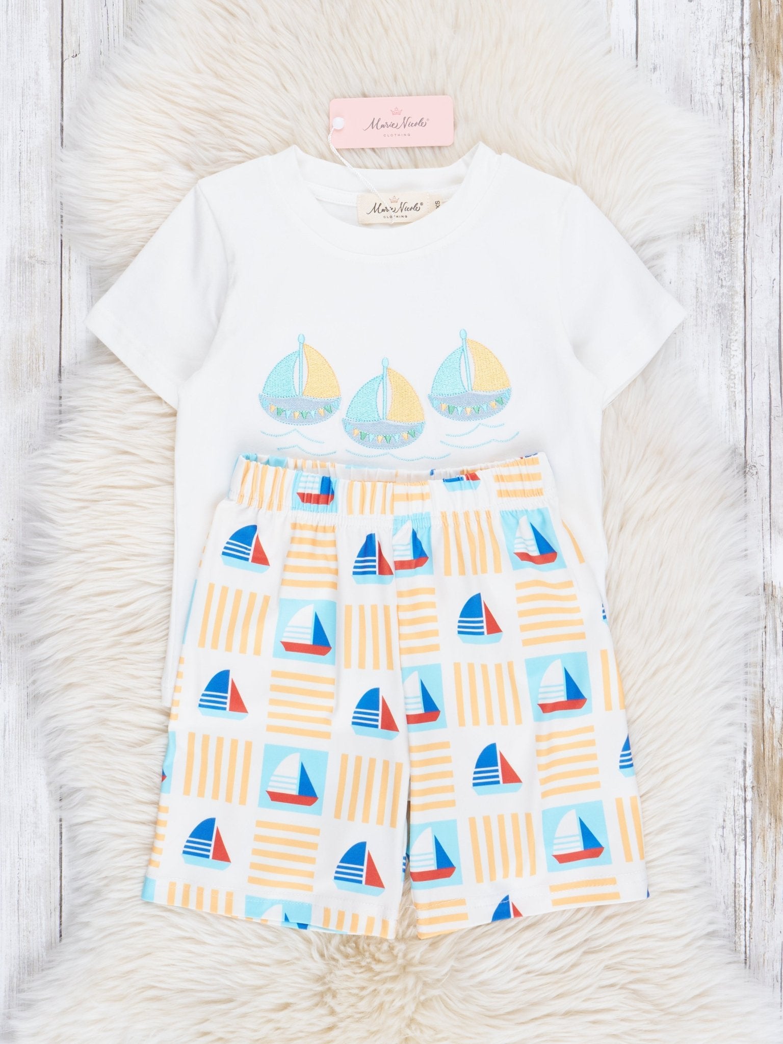 Yellow & Blue Embroidered Sailboats Outfit - Marie Nicole Clothing