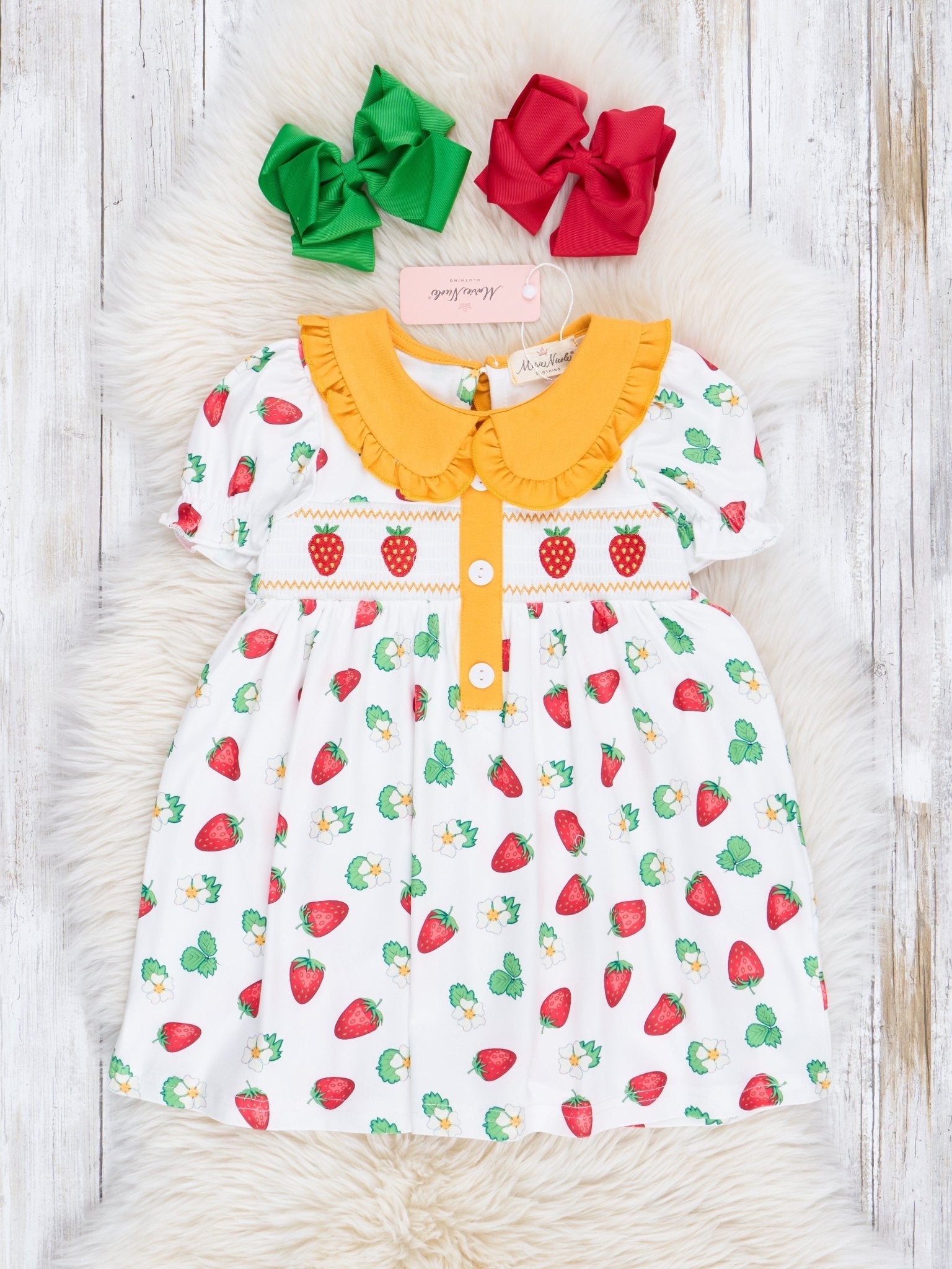 Golden Smocked Strawberries Ruffle Dress - Marie Nicole Clothing