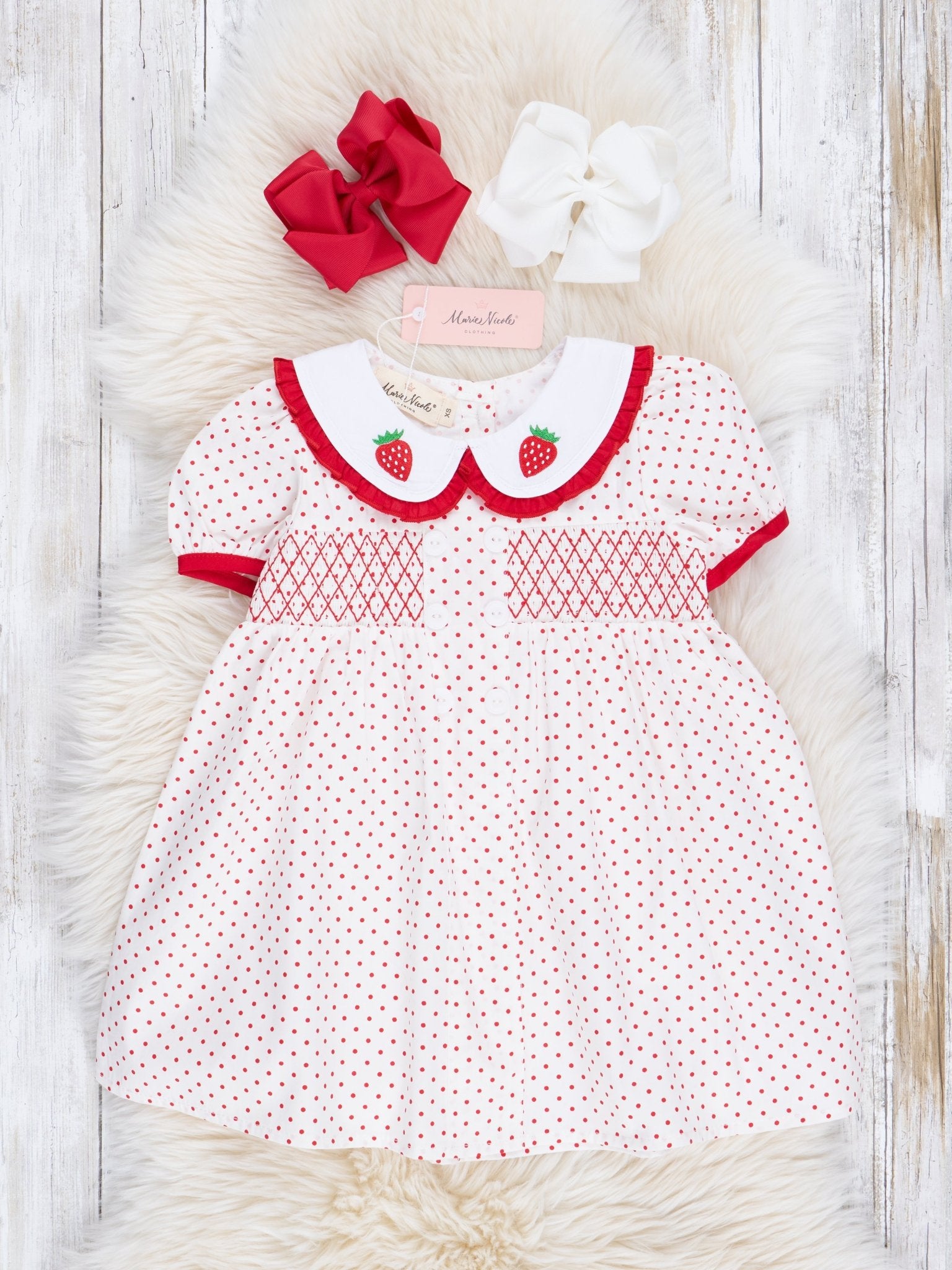 Red & White Smocked Stawberries & Dots Dress - Marie Nicole Clothing