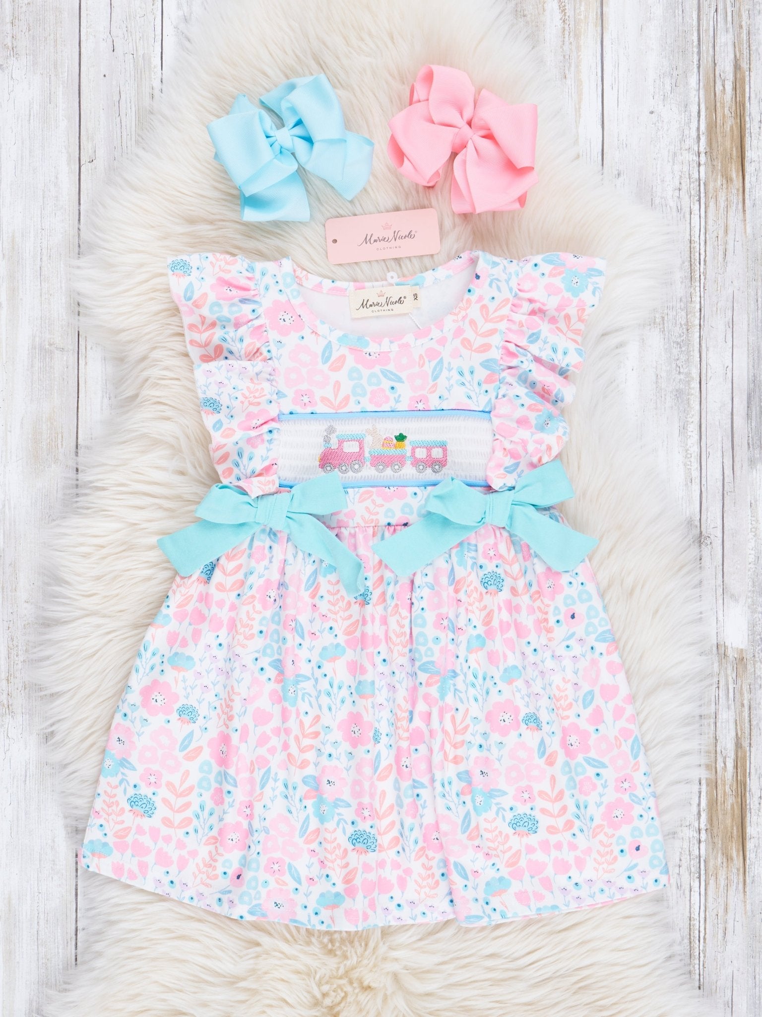Pink & Blue Smocked Easter Train Dress - Marie Nicole Clothing