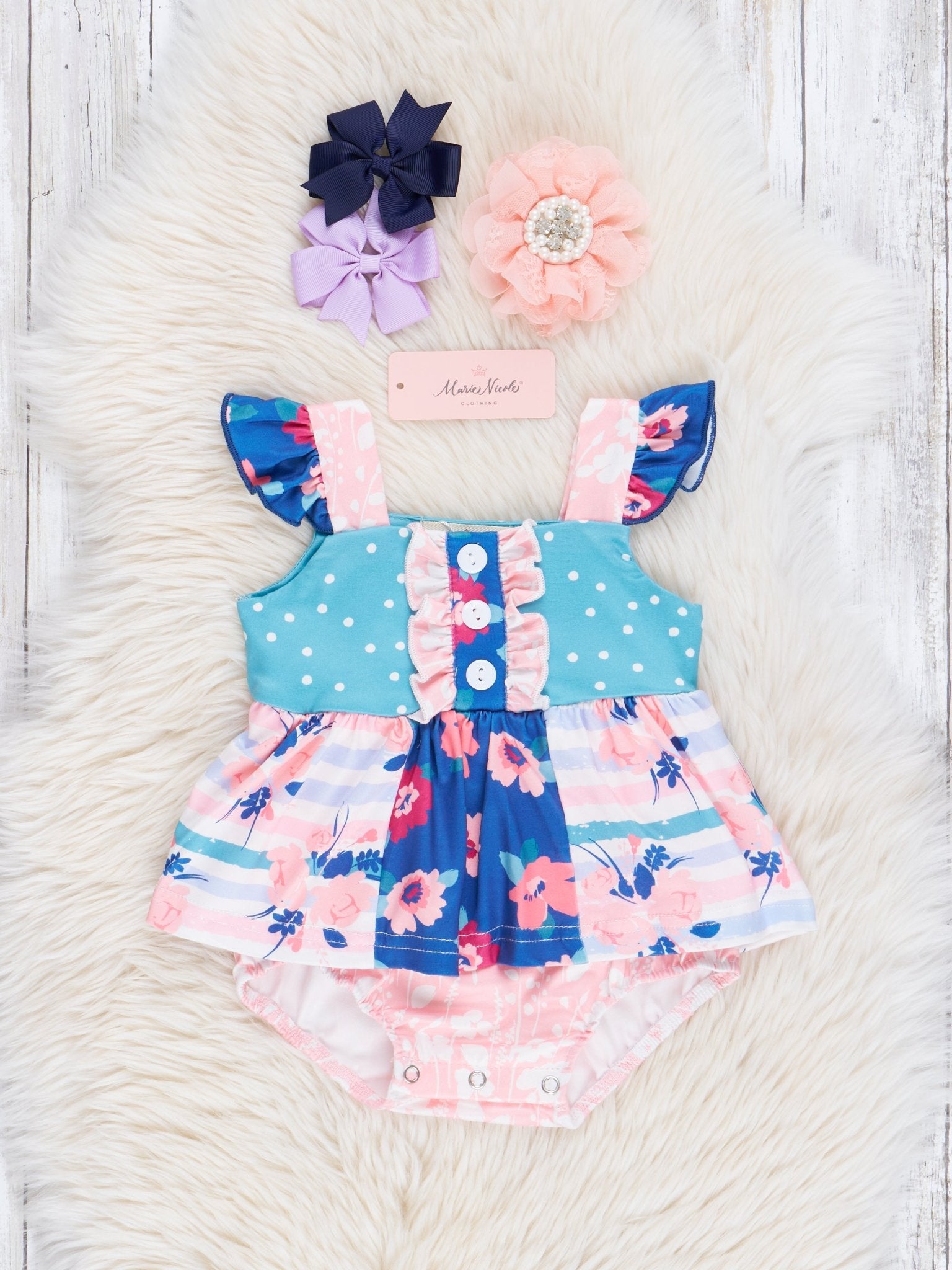 Sweet Blue Dots & Florals Ruffle Bubble Romper - Marie Nicole Clothing