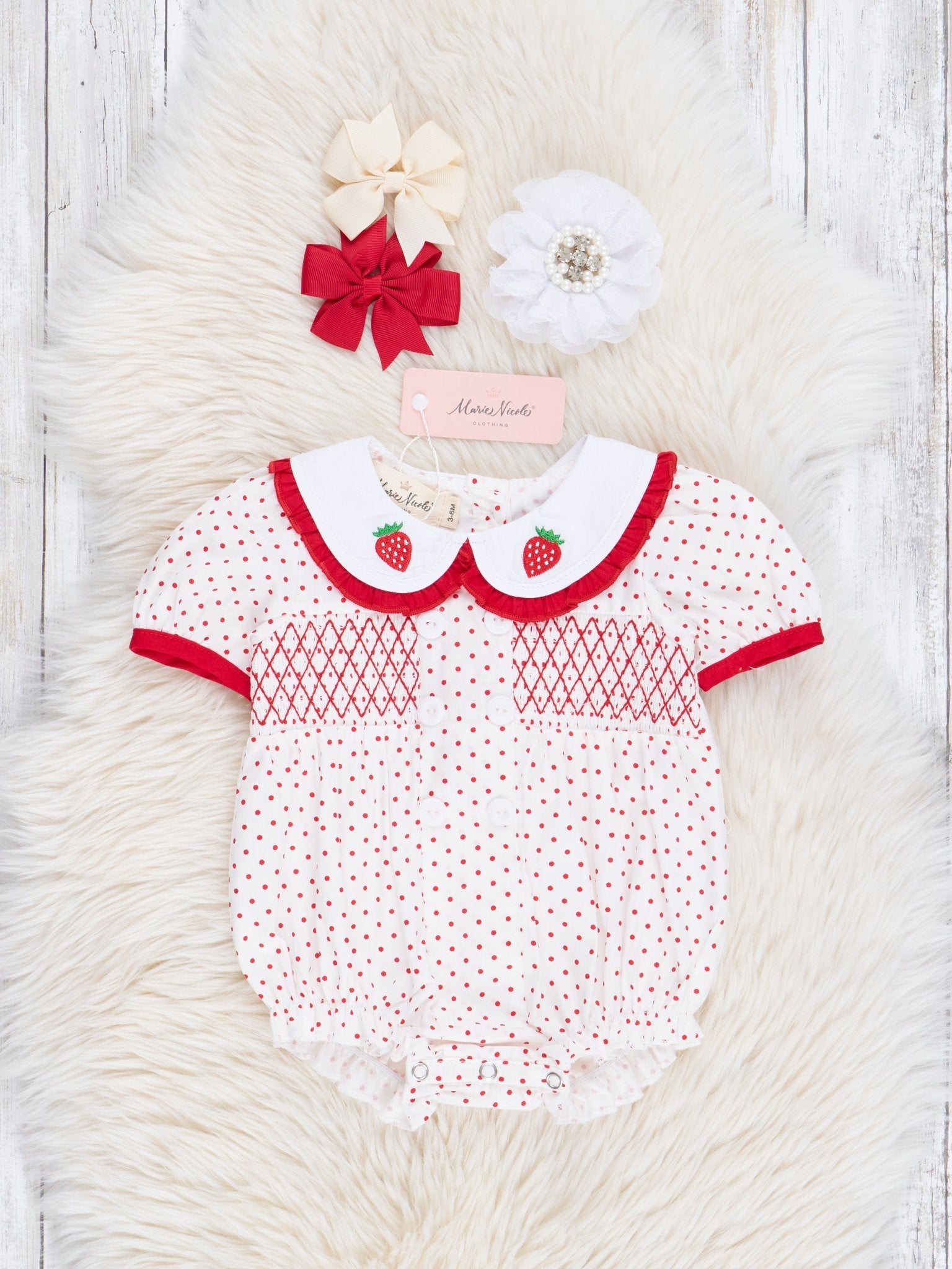 Red & White Smocked Stawberries & Dots Bubble Romper - Marie Nicole Clothing