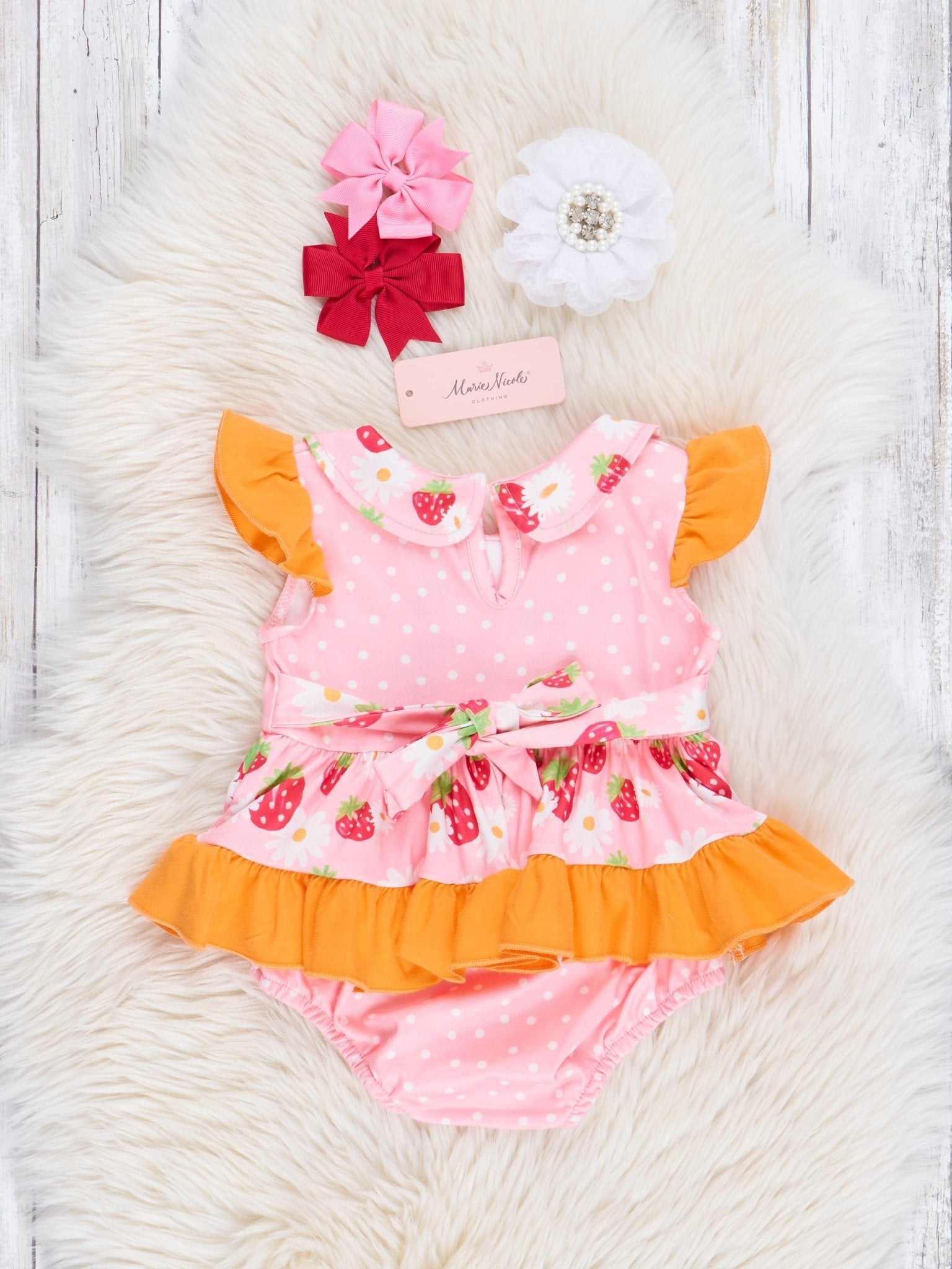 Pink & Orange Strawberries Ruffle Bubble Romper - Marie Nicole Clothing