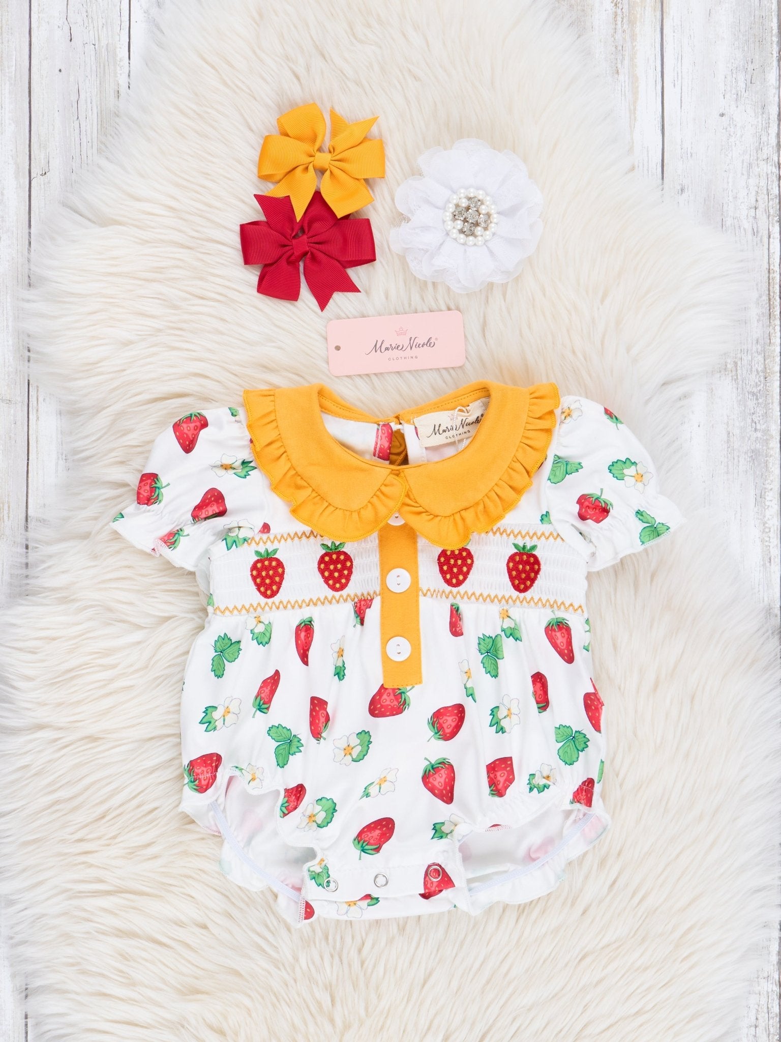 Golden Smocked Strawberries Ruffle Bubble Romper - Marie Nicole Clothing
