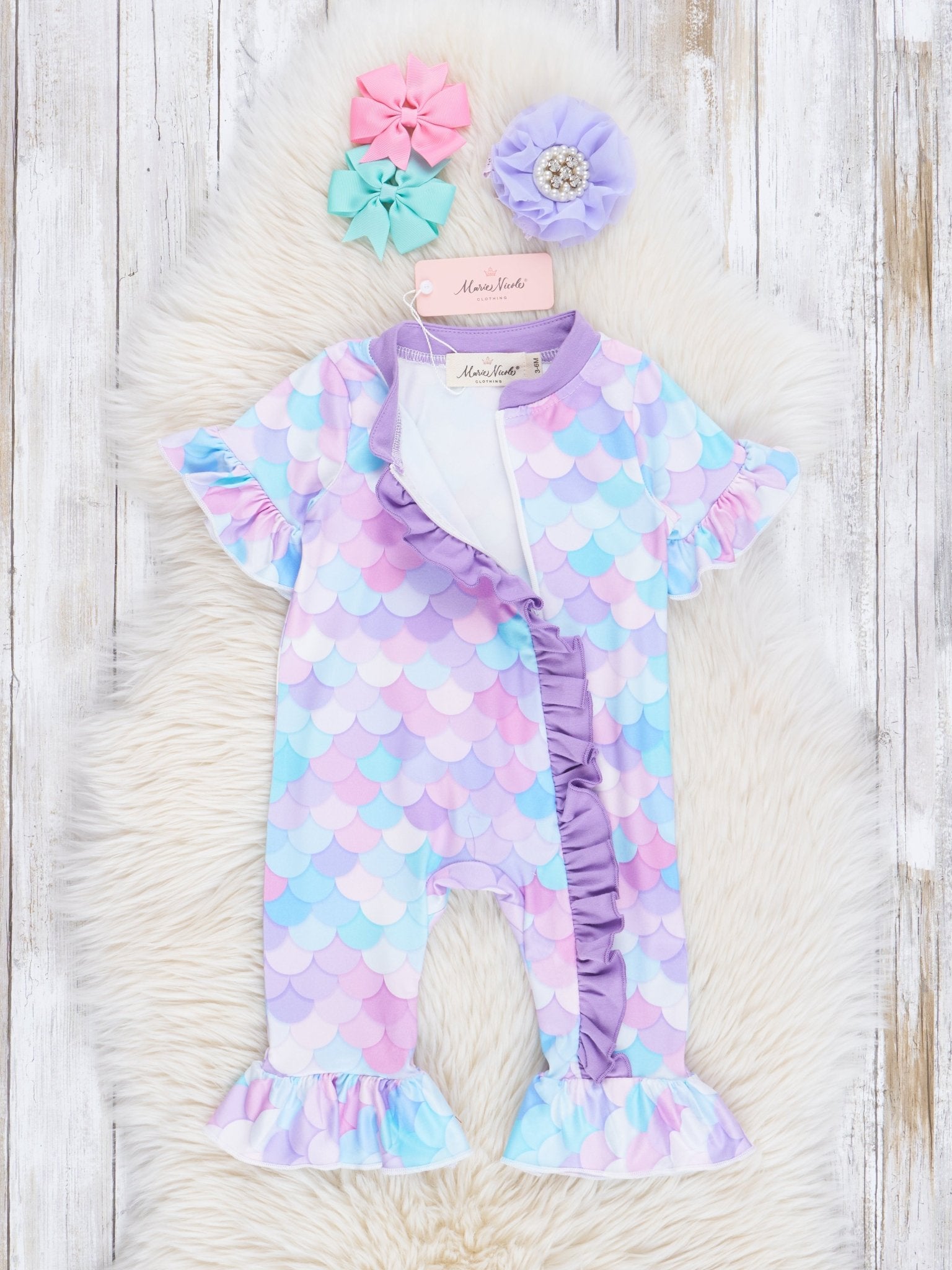 Purple Rainbow Mermaid Vibes Ruffle Romper - Marie Nicole Clothing
