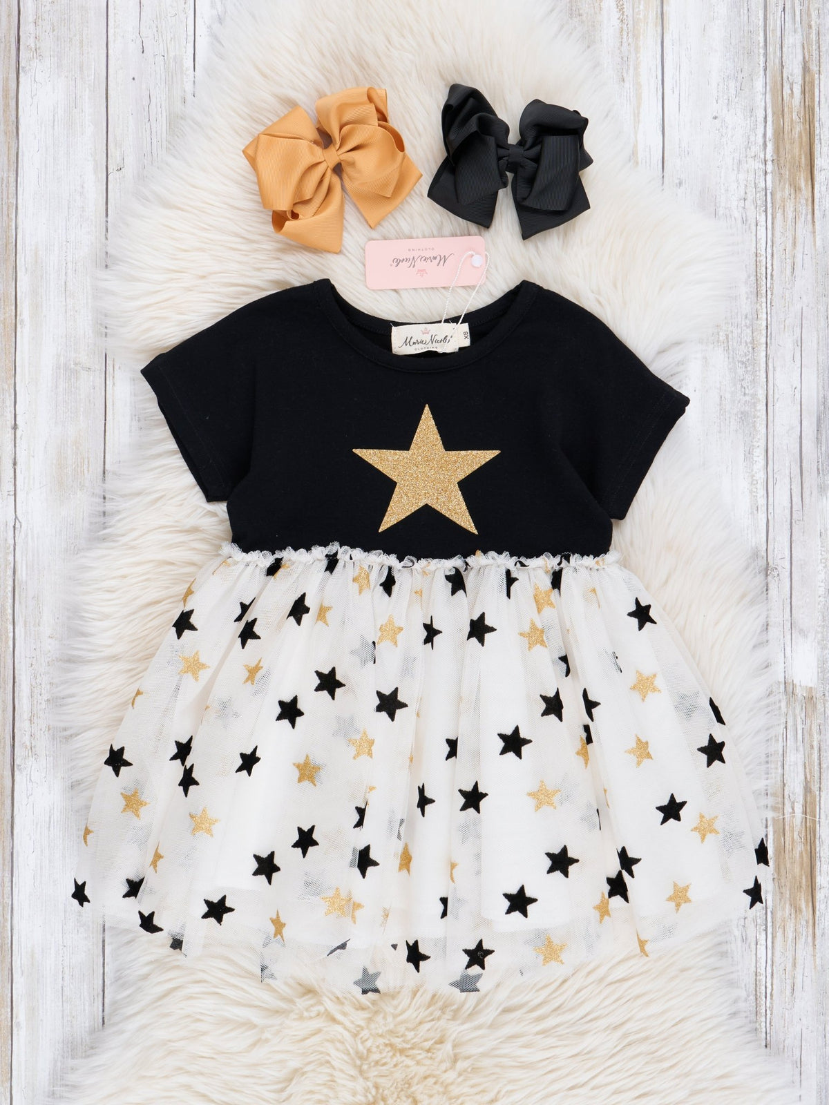 Black & Gold Glitter Stars Tulle Dress - Marie Nicole Clothing