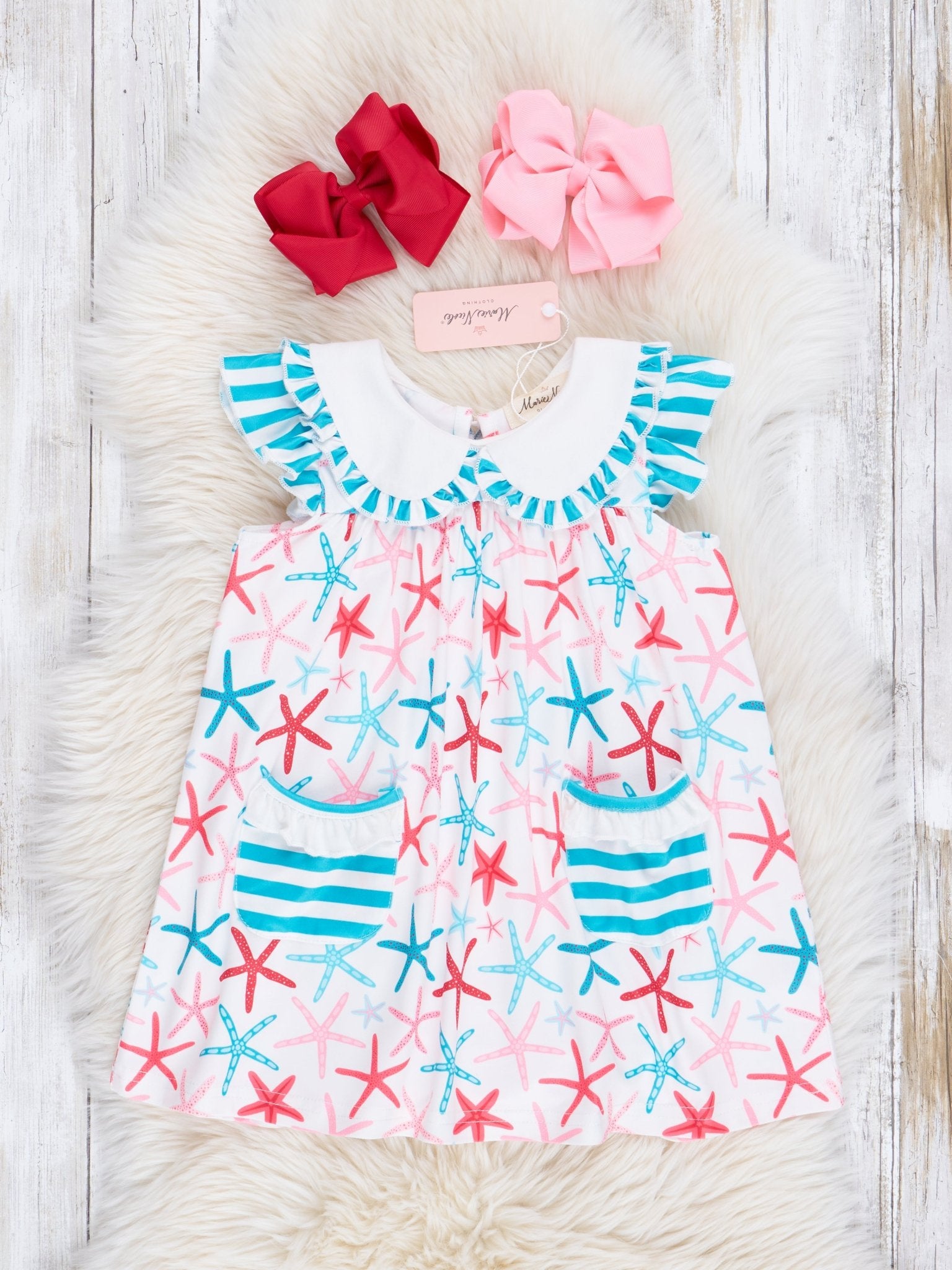 Coral & Turquoise Starfish Ruffle Dress - Marie Nicole Clothing