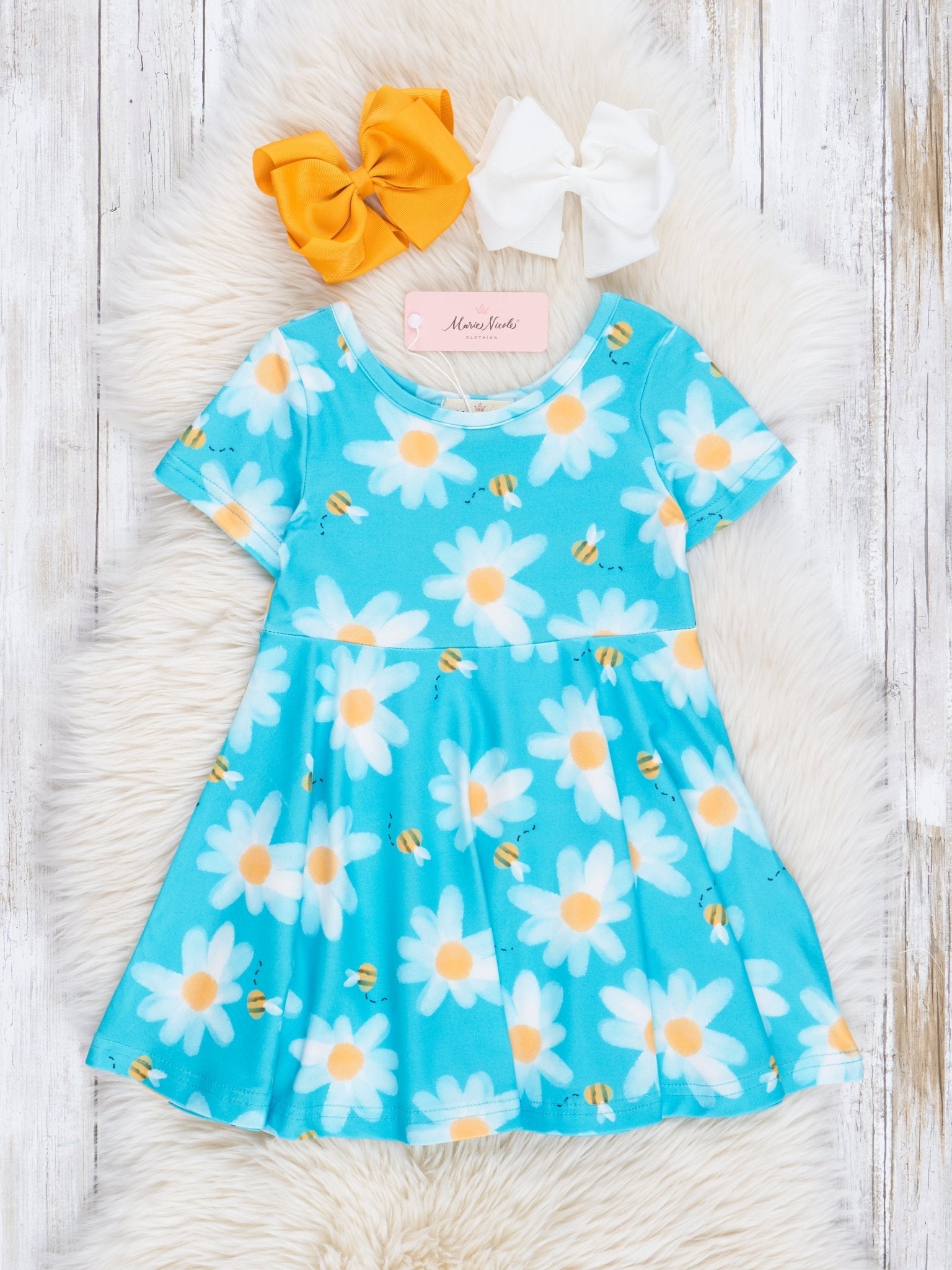 Turquoise Bees & Daisies Swing Dress - Marie Nicole Clothing