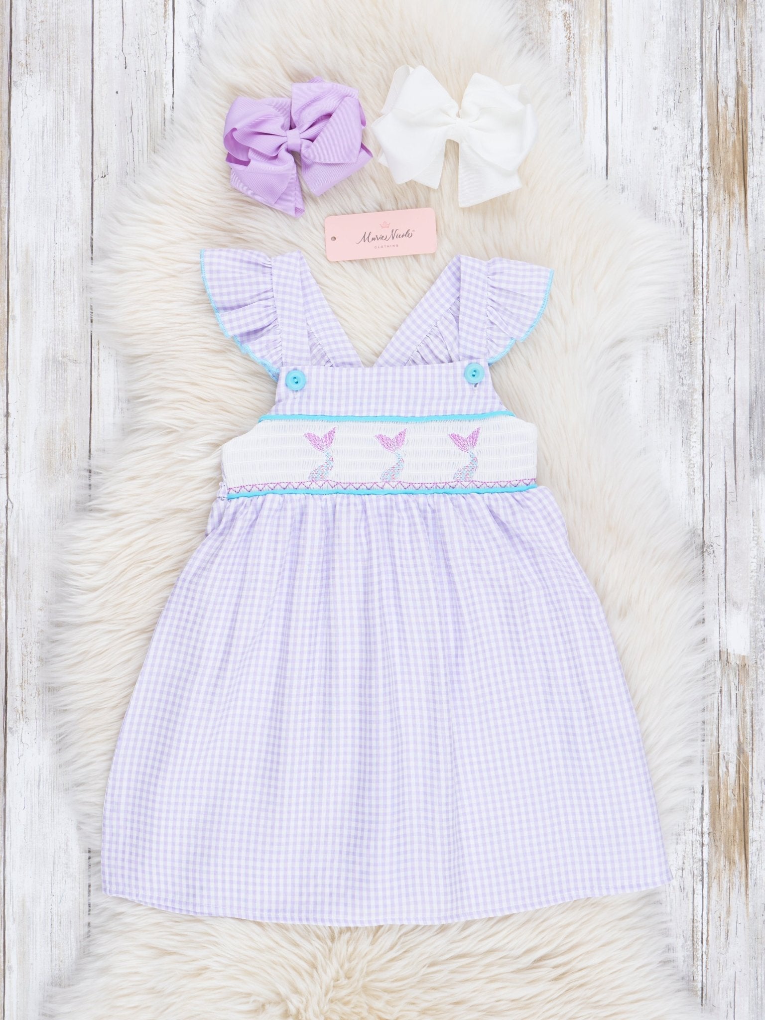Purple Gingham Smocked Mermaid Ruffle Dress - Marie Nicole Clothing