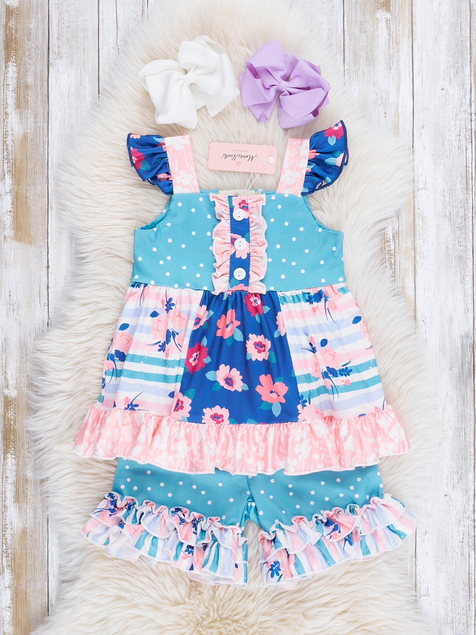 Sweet Blue Dots & Florals Ruffle Outfit - Marie Nicole Clothing
