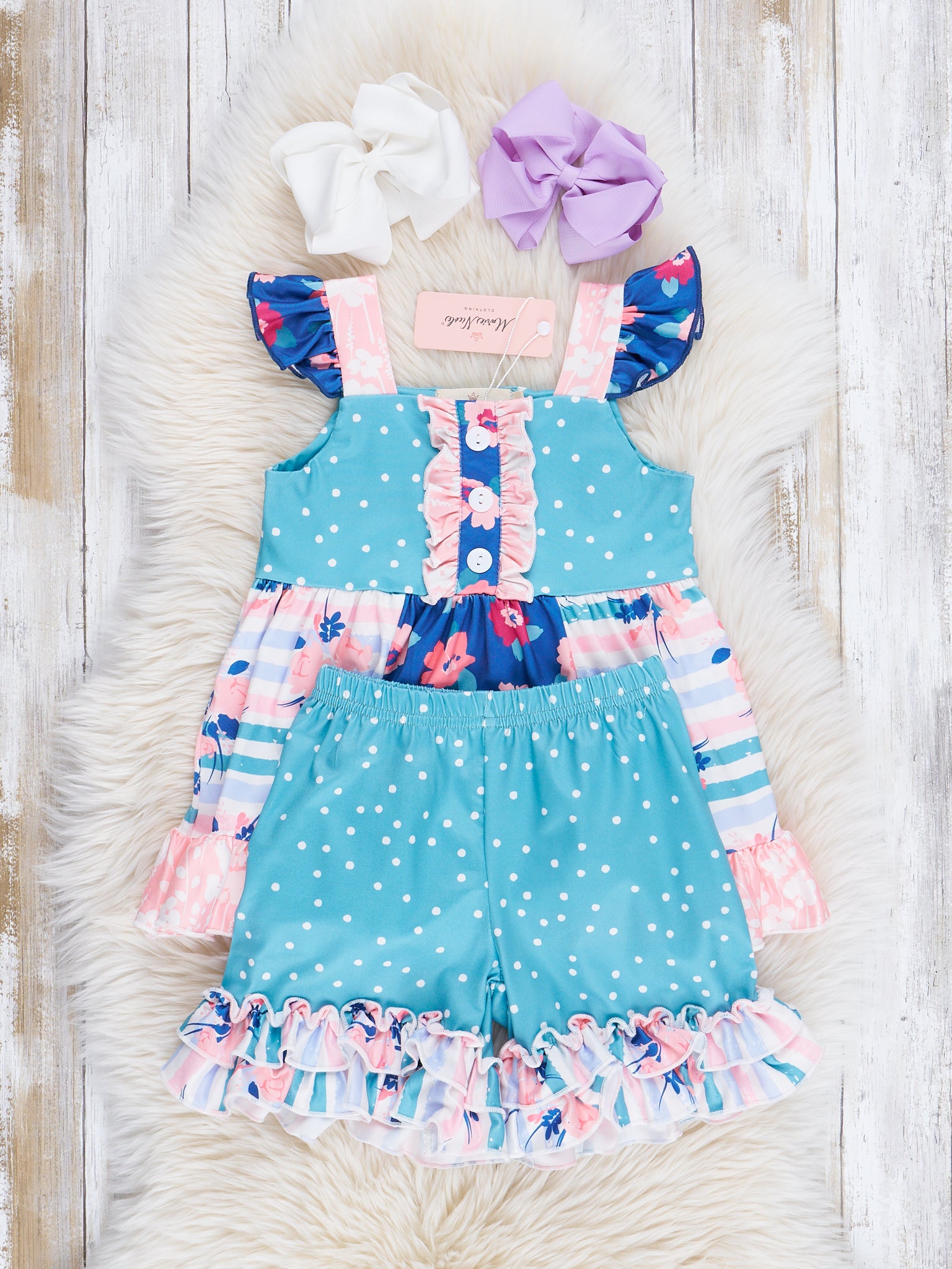 Sweet Blue Dots & Florals Ruffle Outfit - Marie Nicole Clothing