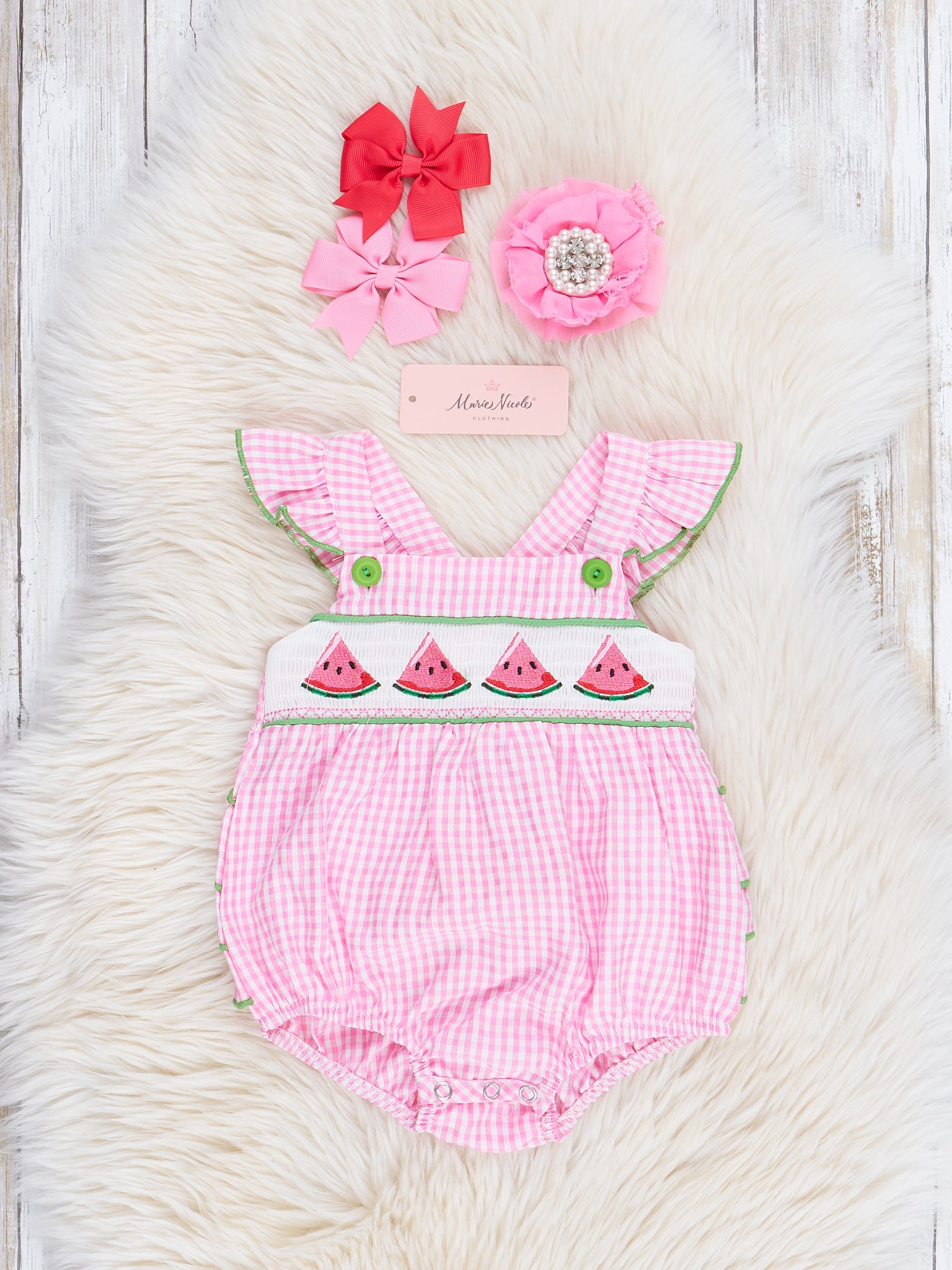 Pink Gingham Smocked Watermelon Ruffle Bubble Romper - Marie Nicole Clothing