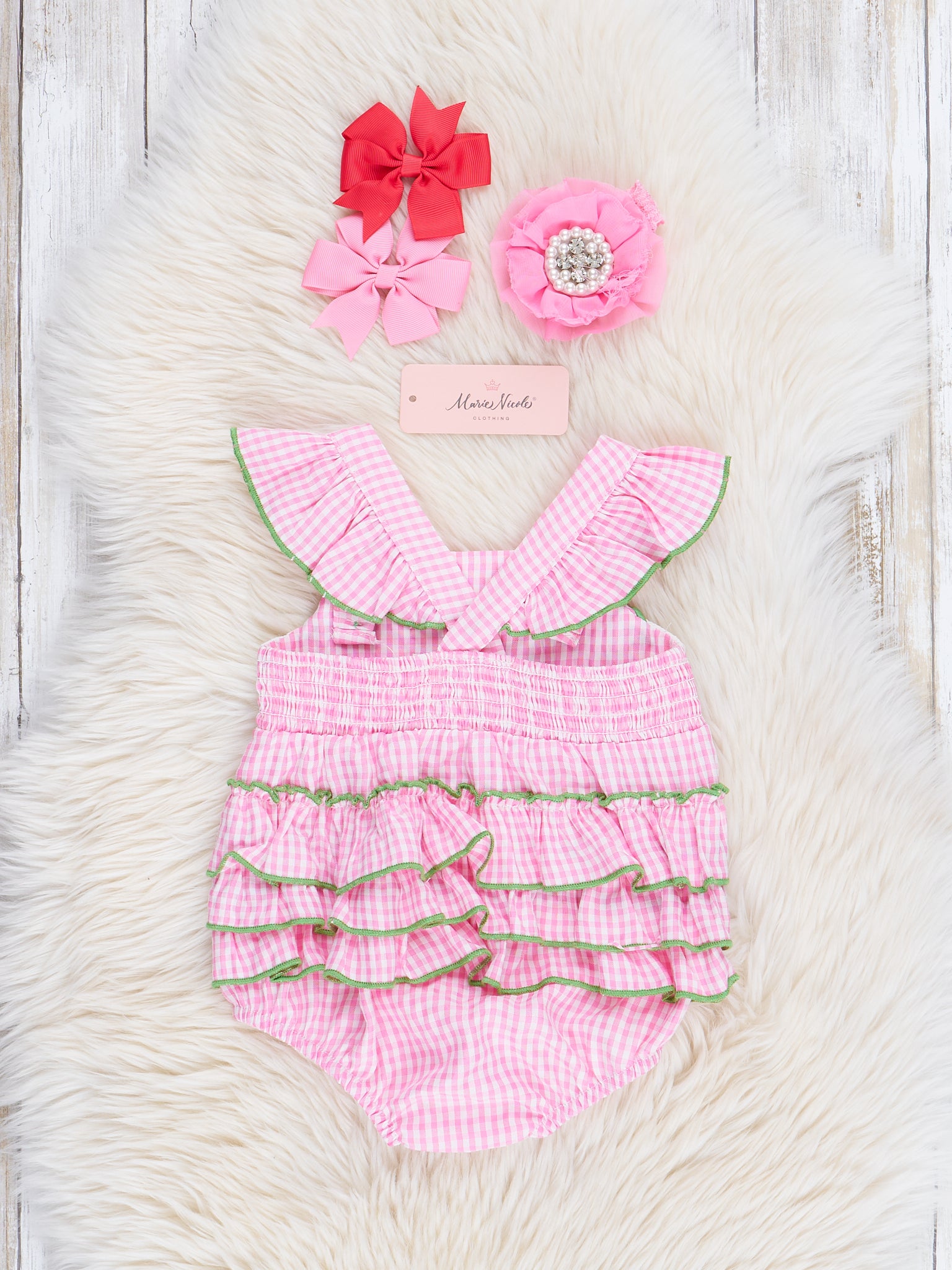 Pink Gingham Smocked Watermelon Ruffle Bubble Romper - Marie Nicole Clothing