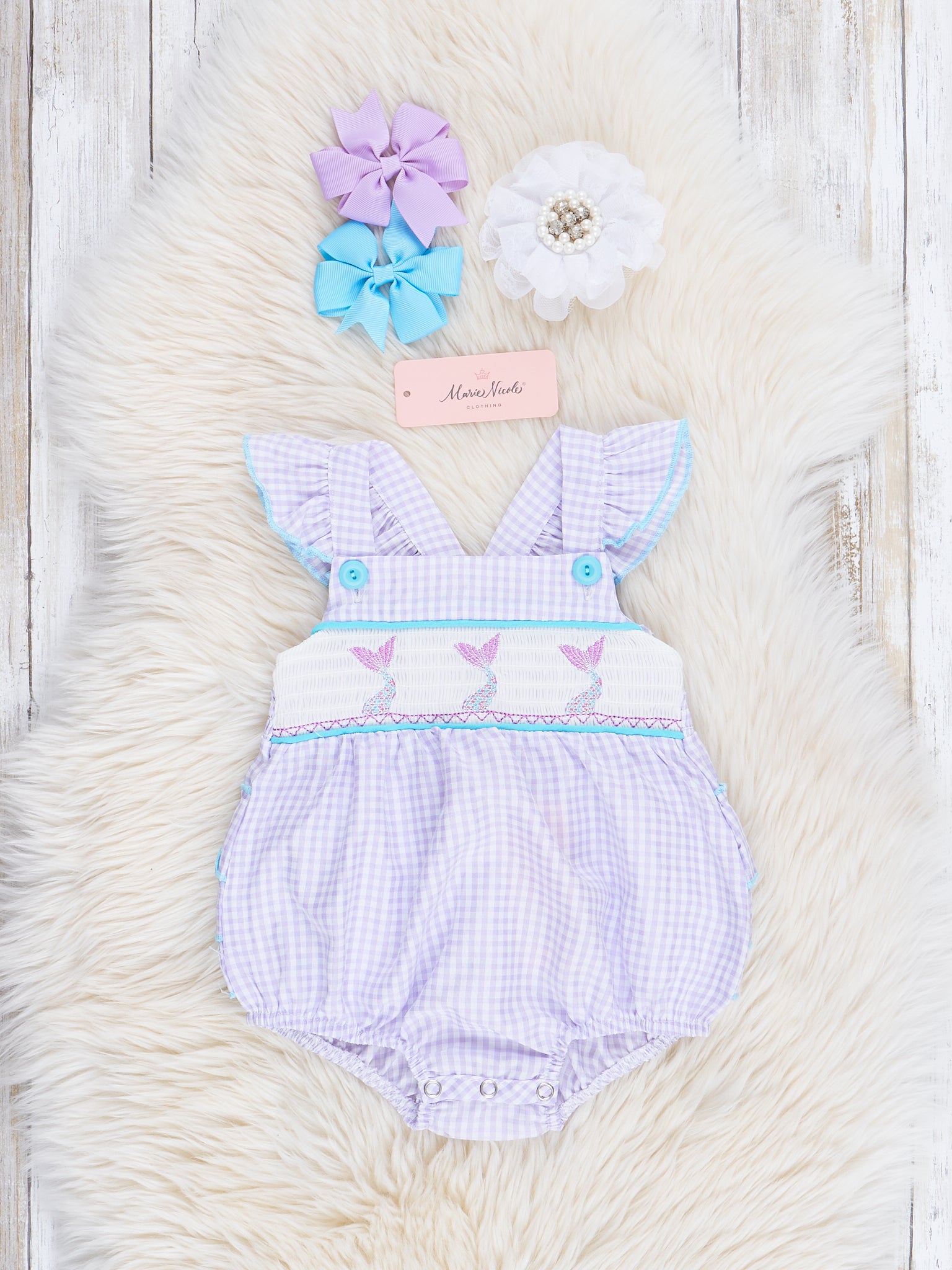 Purple Gingham Smocked Mermaid Ruffle Bubble Romper - Marie Nicole Clothing