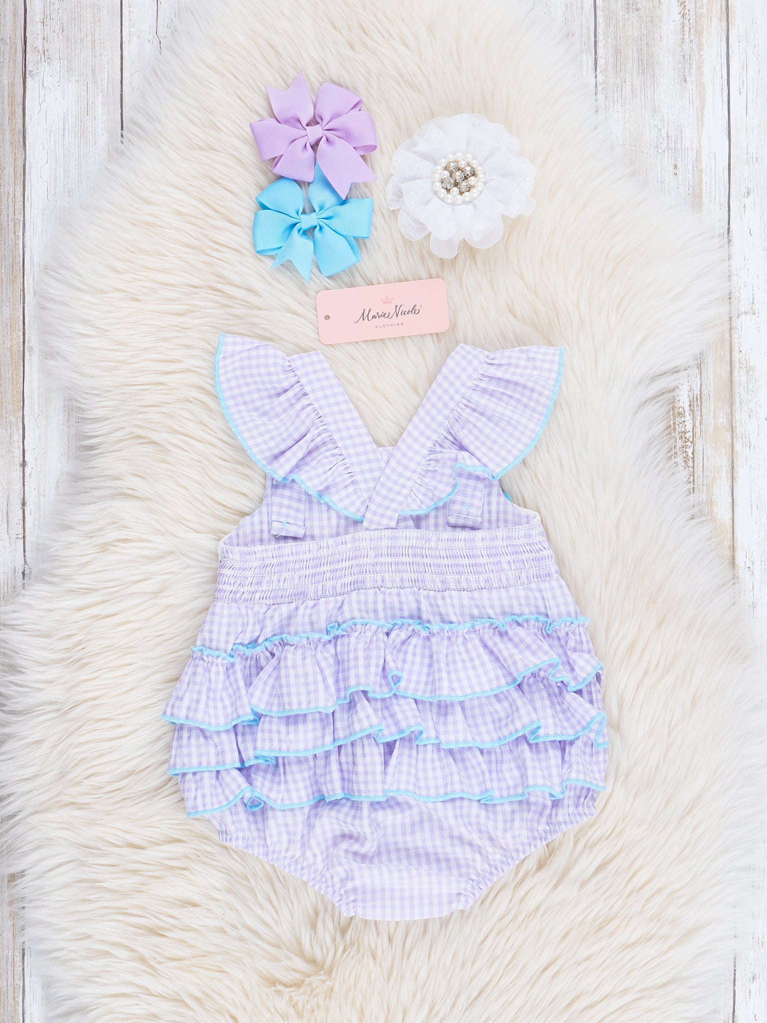 Purple Gingham Smocked Mermaid Ruffle Bubble Romper - Marie Nicole Clothing
