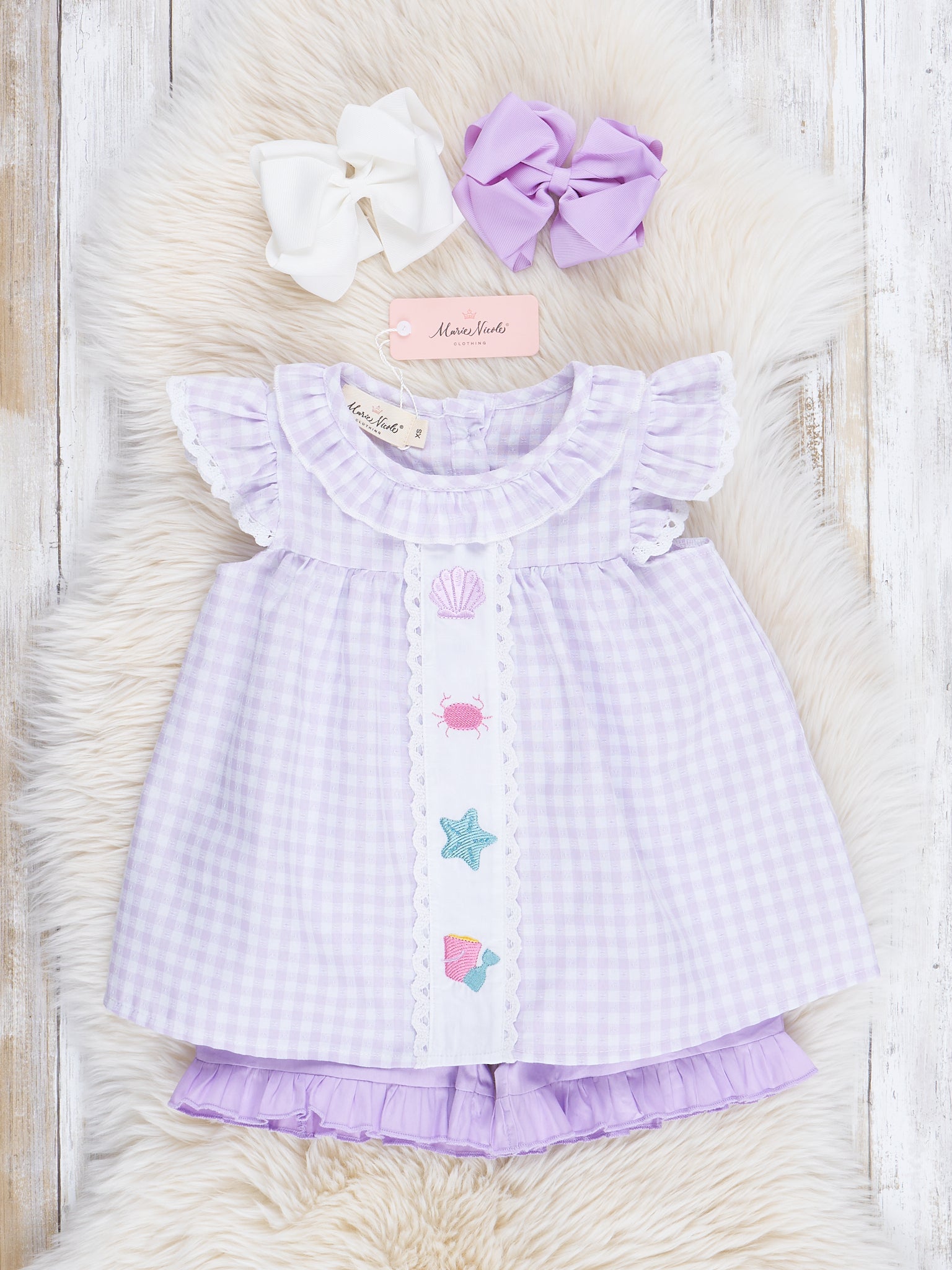 Lilac Beachy Embroidered Plaid Outfit - Marie Nicole Clothing