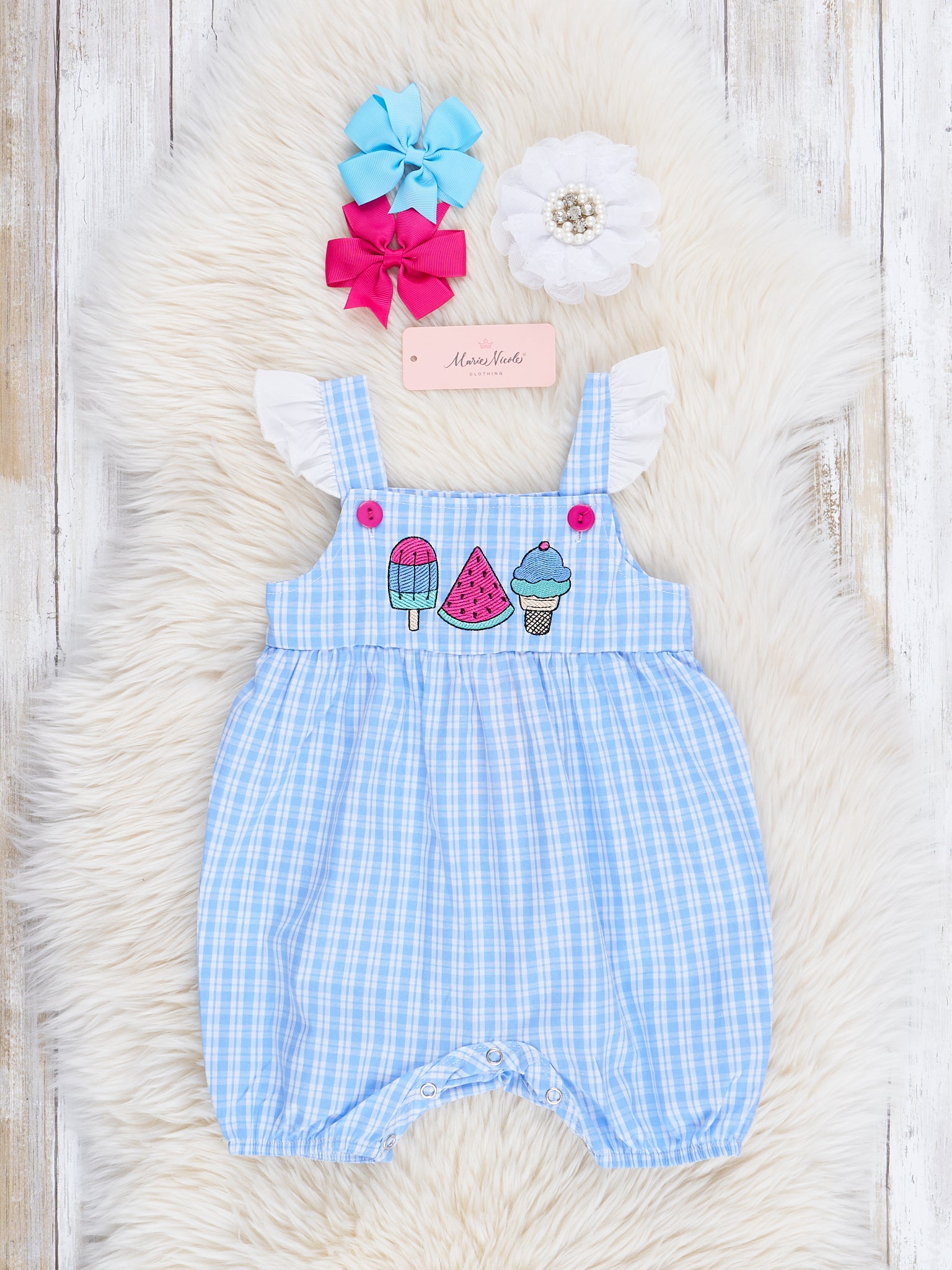 Blue Plaid Embroidered Treats Ruffle Romper - Marie Nicole Clothing