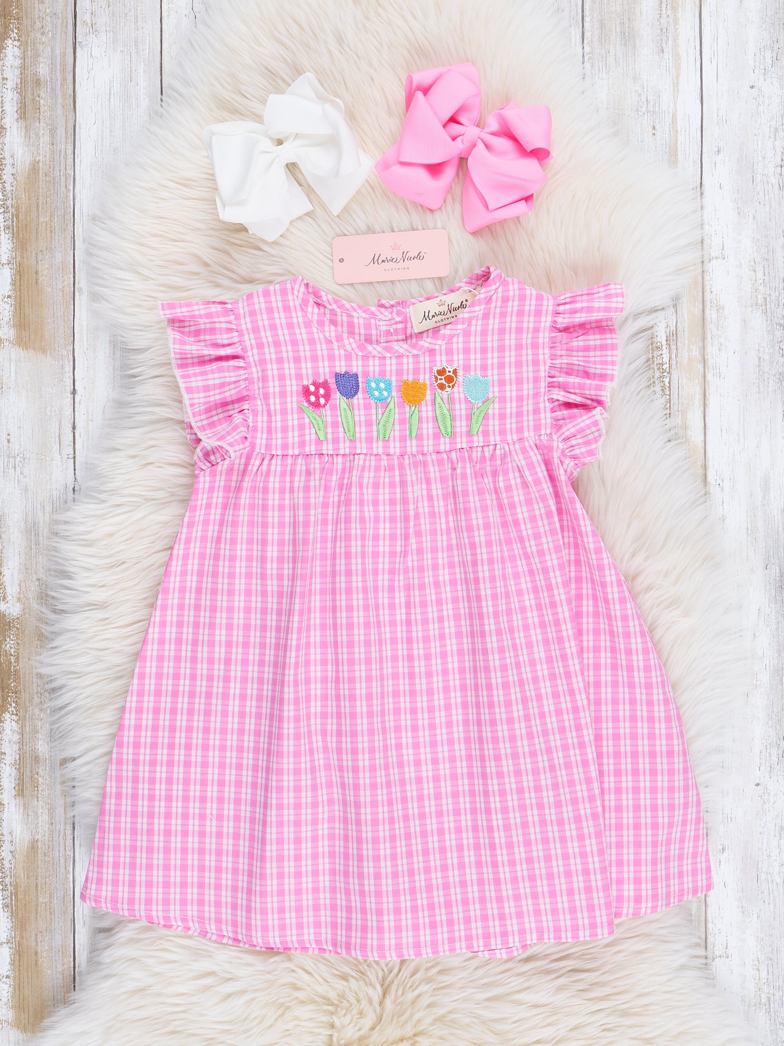 Pink Plaid Embroidered Garden Ruffle Dress - Marie Nicole Clothing