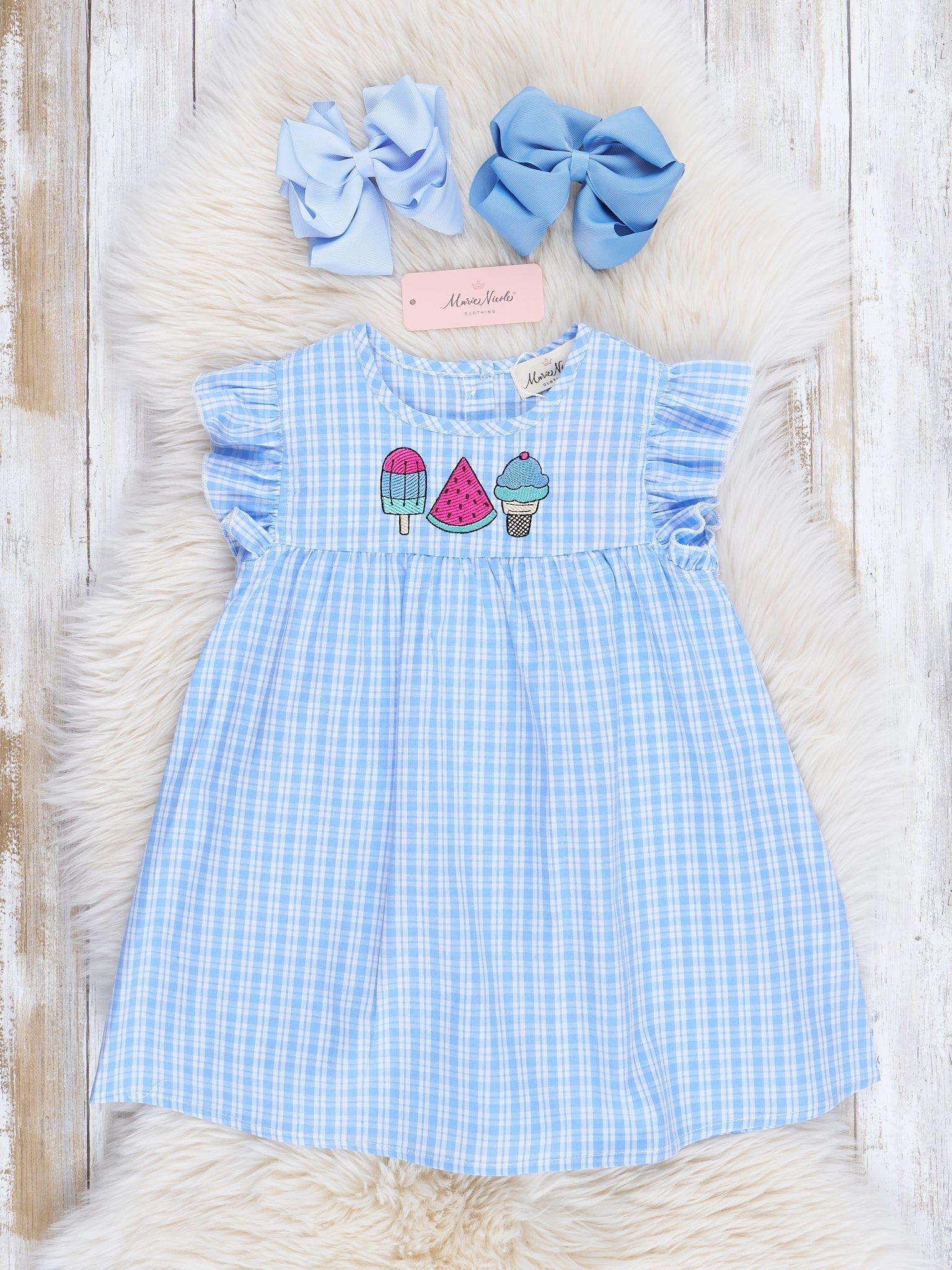 Blue Plaid Embroidered Treats Ruffle Dress - Marie Nicole Clothing