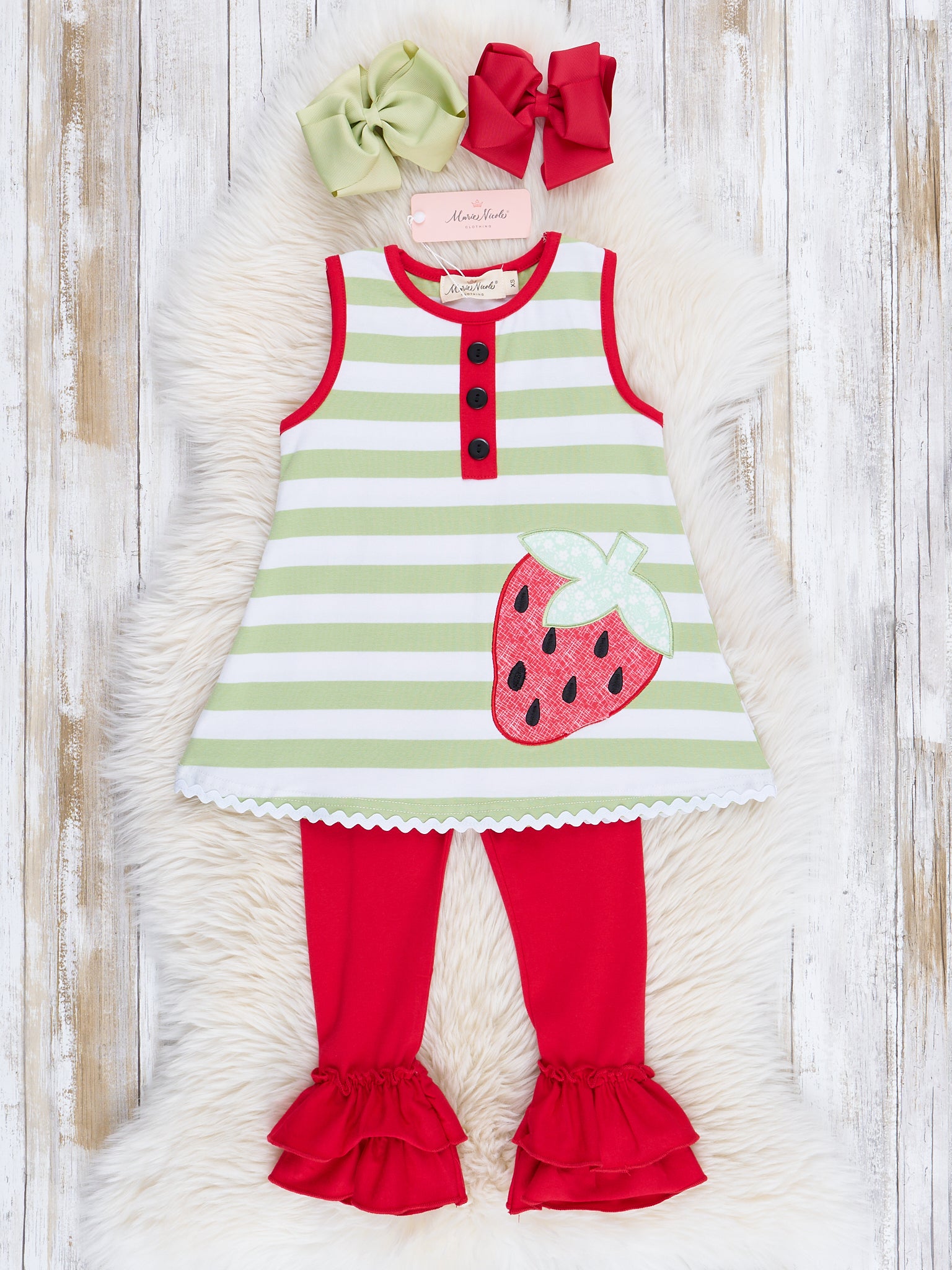 Red & Green Stripes Embroidered Strawberry Outfit - Marie Nicole Clothing