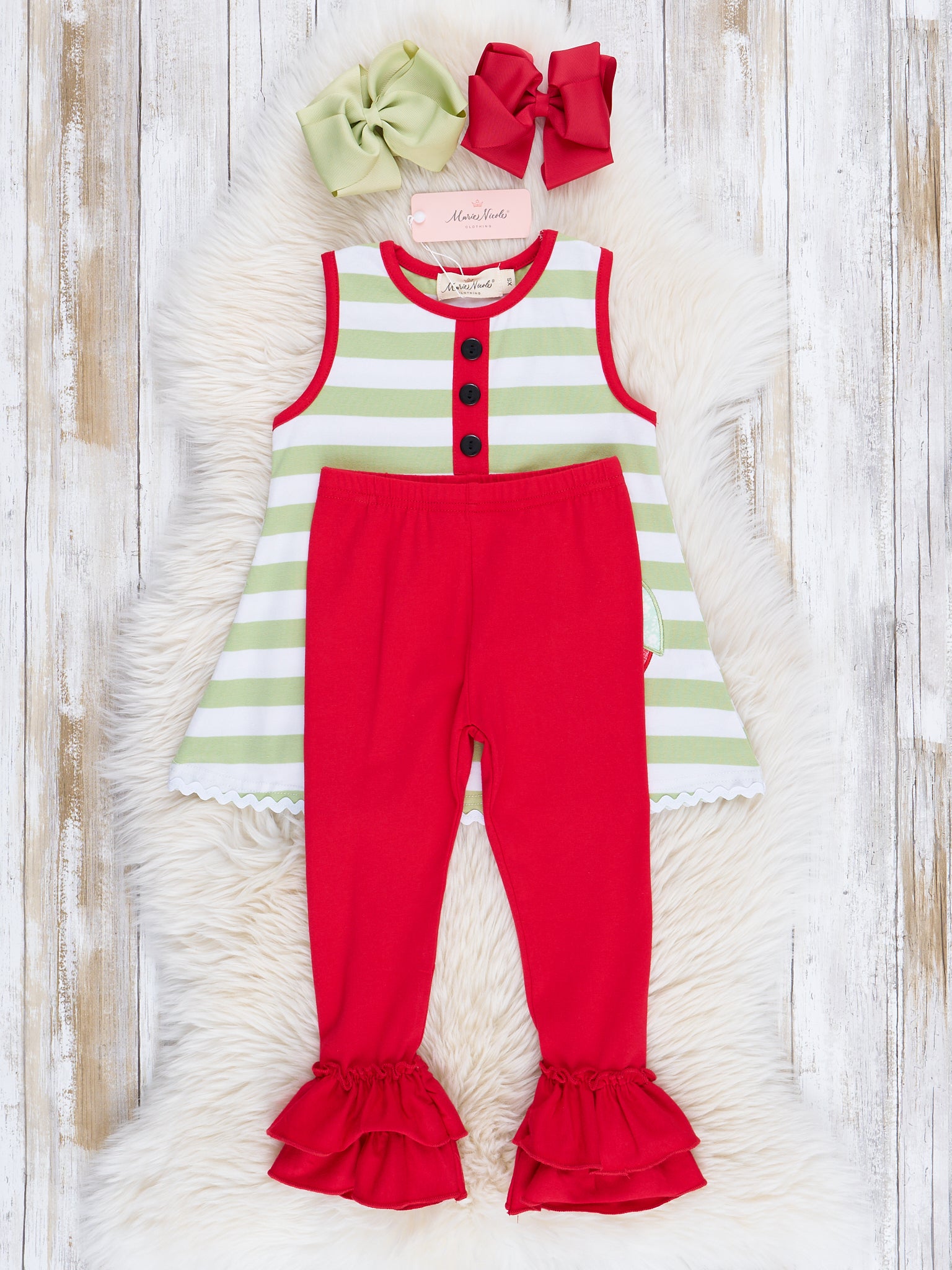 Red & Green Stripes Embroidered Strawberry Outfit - Marie Nicole Clothing