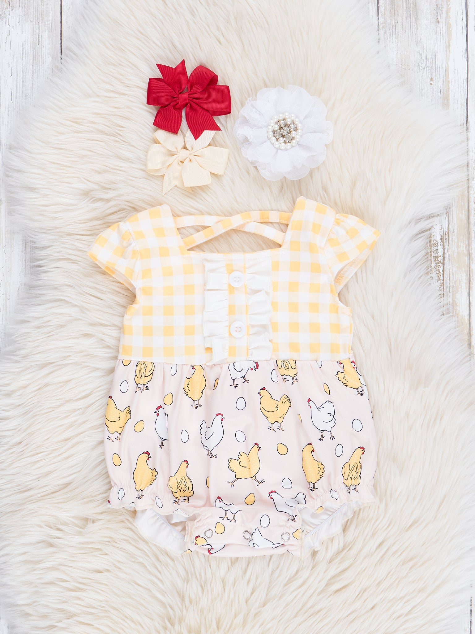 Yellow Gingham Chicken Ruffle Bubble Romper - Marie Nicole Clothing