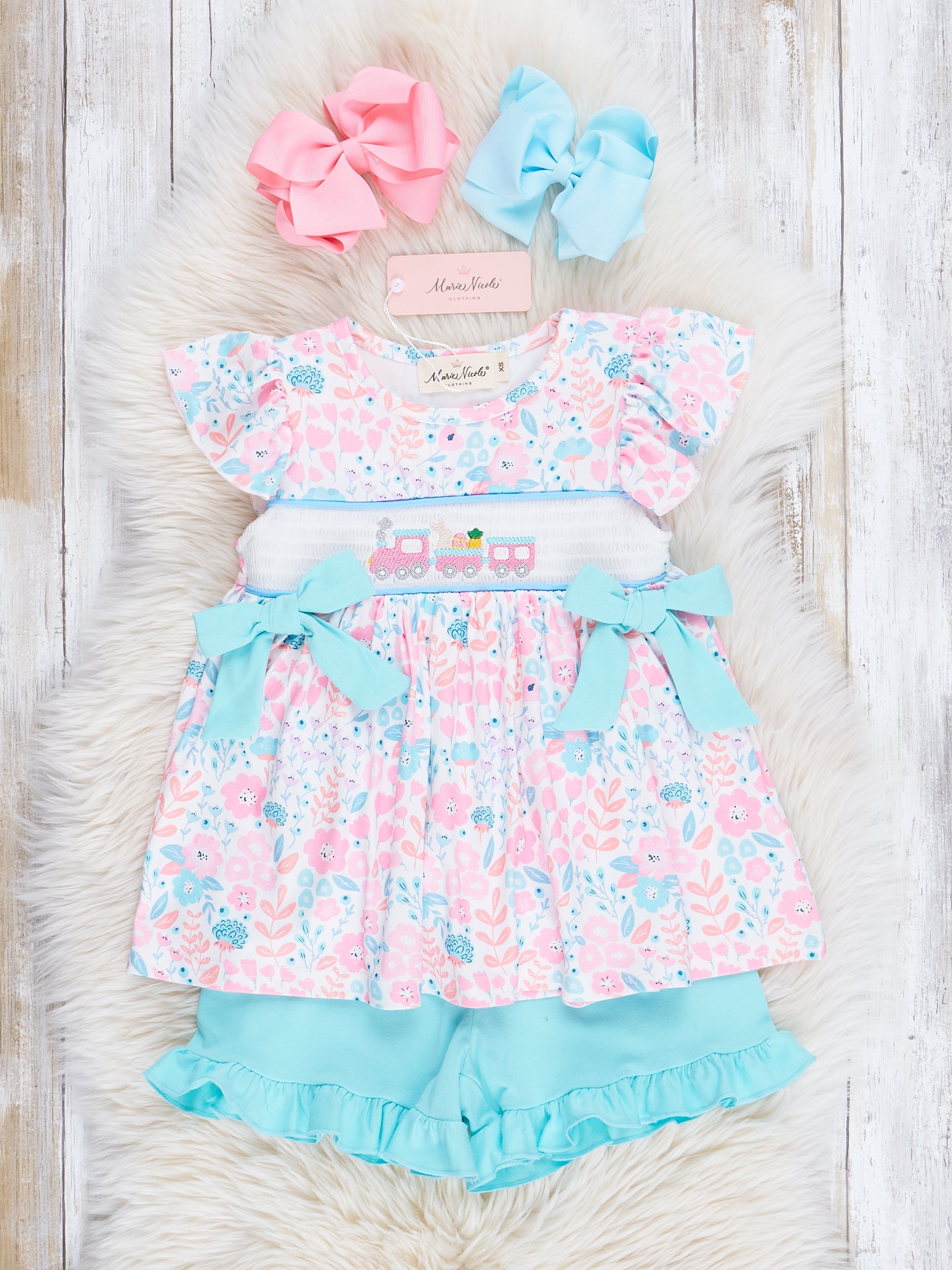 Pink & Blue Smocked Easter Train Bloomers Outfit - Marie Nicole Clothing
