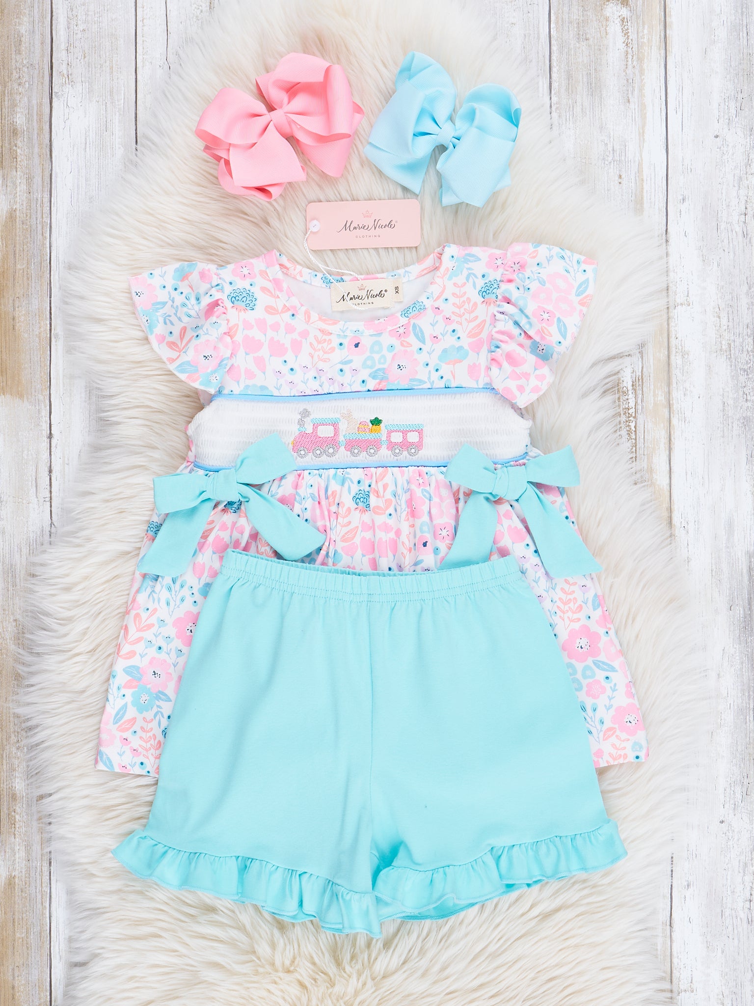 Pink & Blue Smocked Easter Train Bloomers Outfit - Marie Nicole Clothing