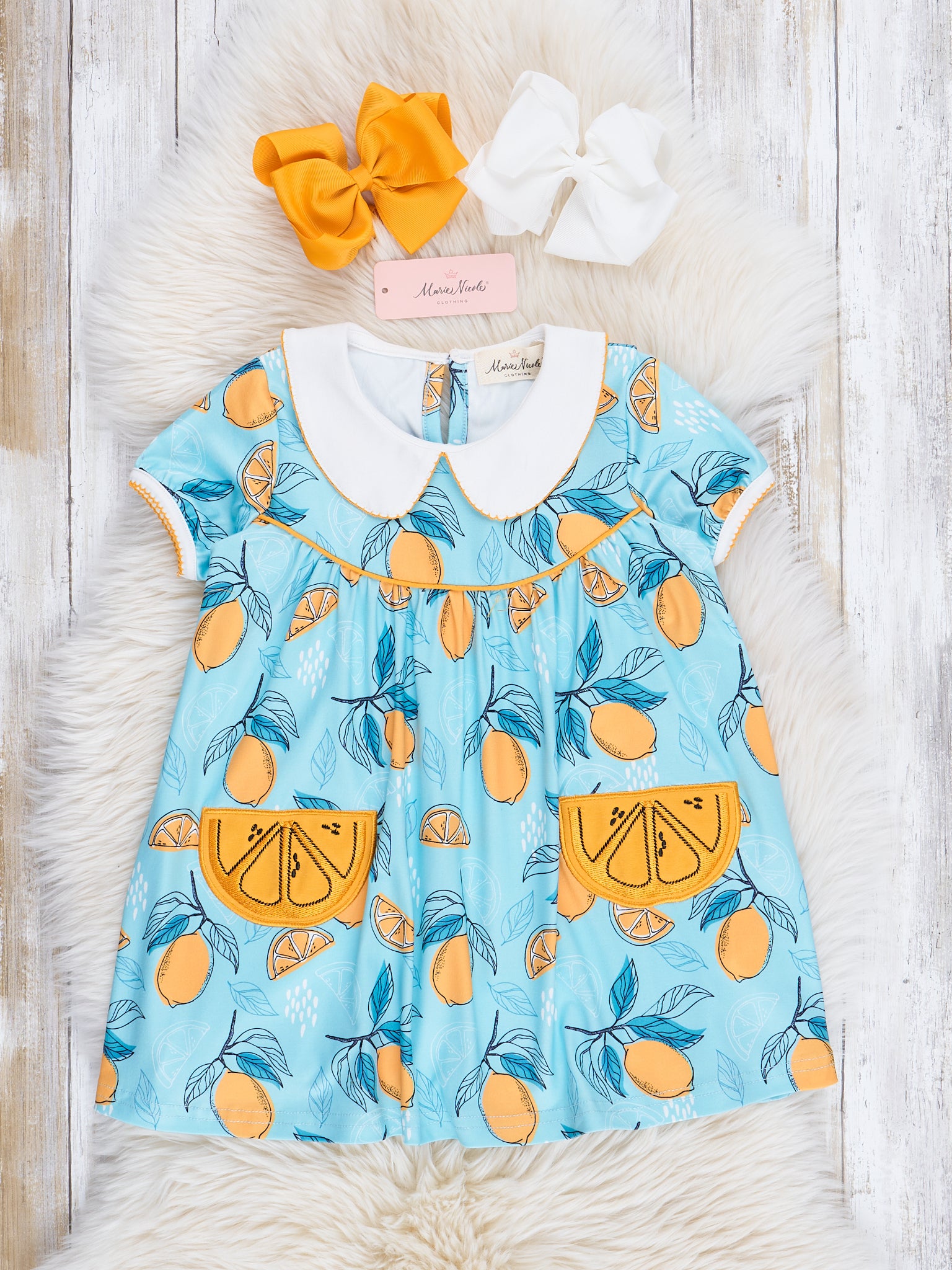 Turquoise Embroidered Lemons Dress - Marie Nicole Clothing