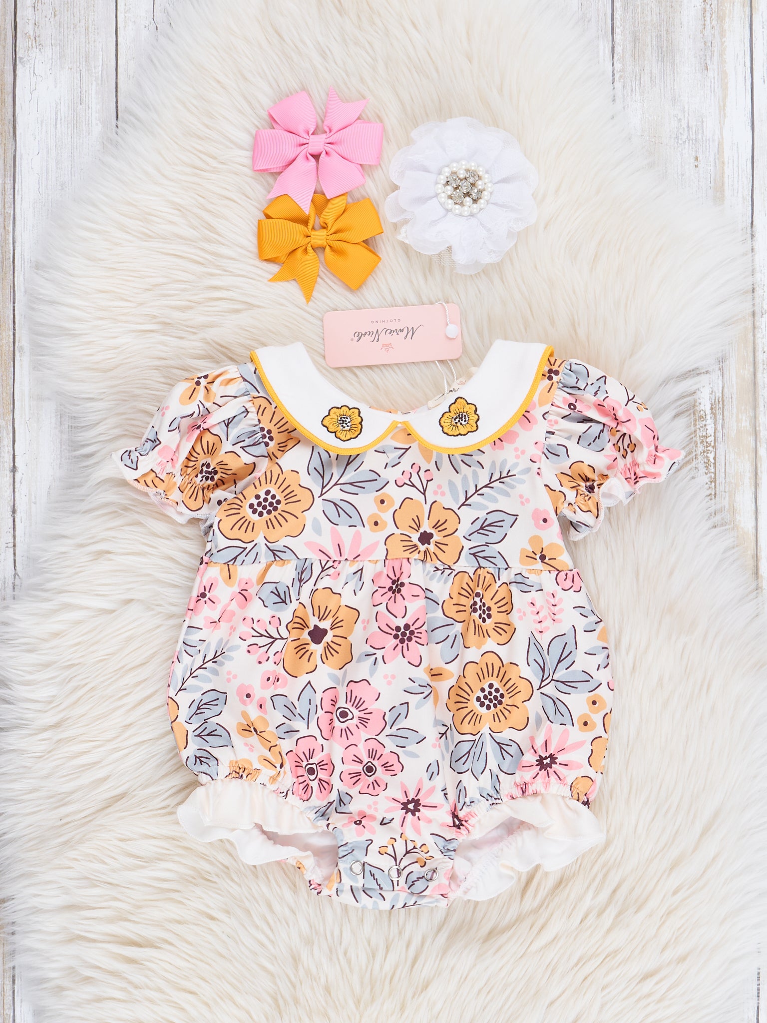Golden Retro Florals Ruffle Romper - Marie Nicole Clothing