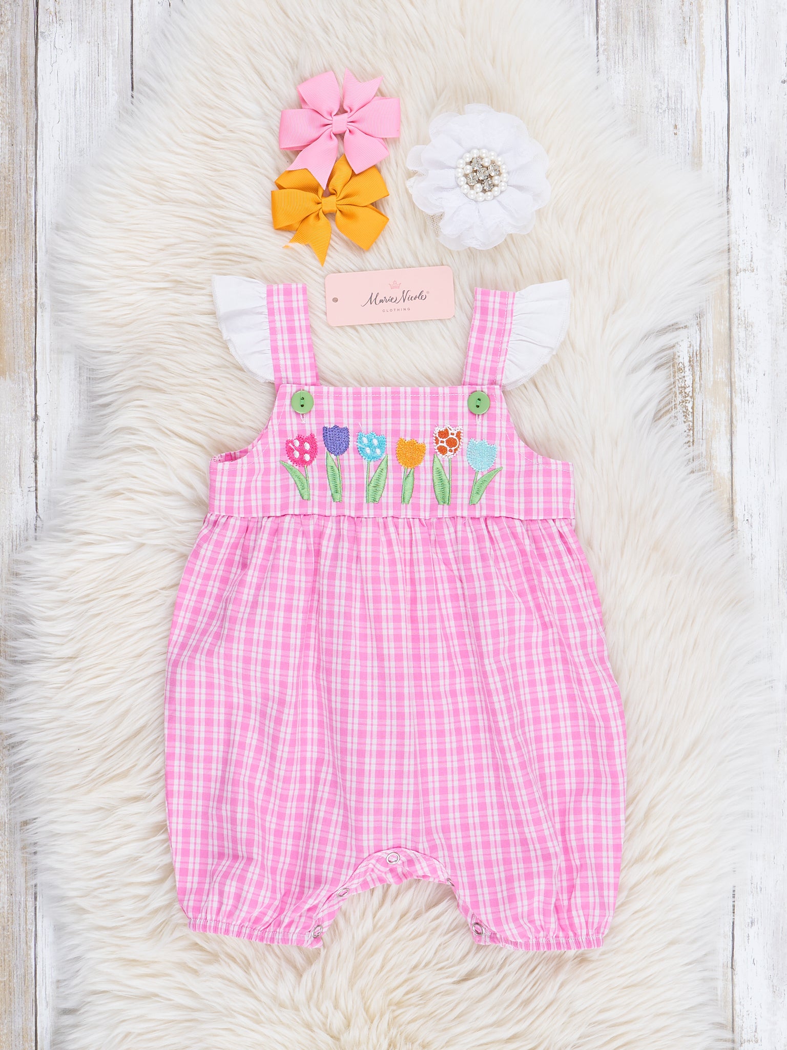 Pink Plaid Embroidered Garden Ruffle Romper - Marie Nicole Clothing