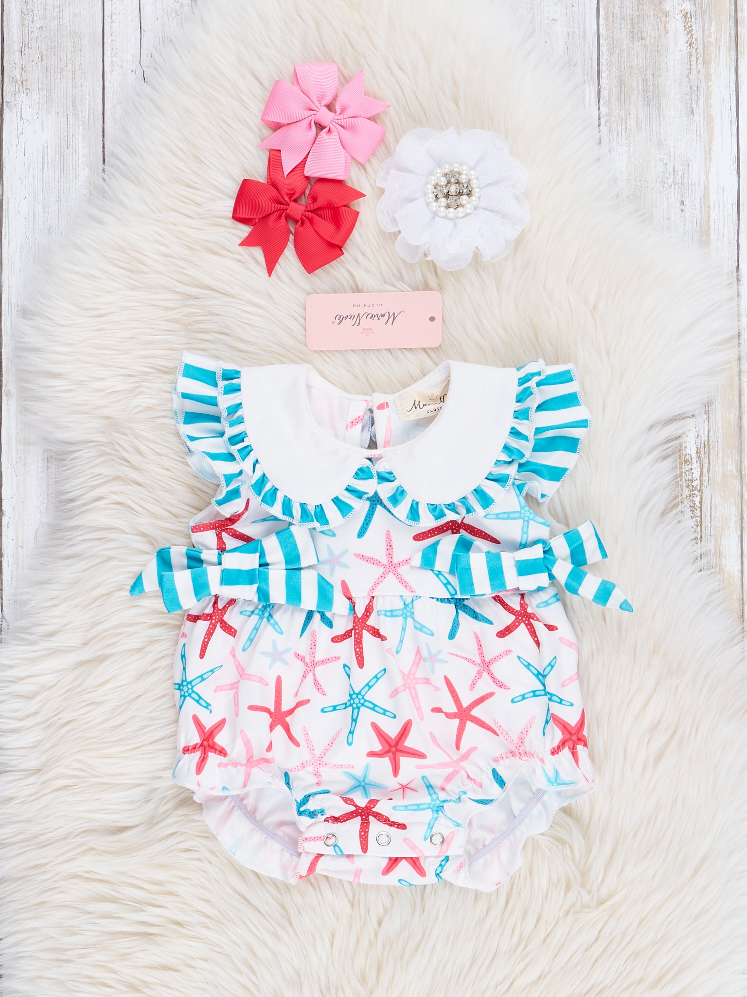 Coral & Turquoise Starfish Ruffle Bubble Romper - Marie Nicole Clothing