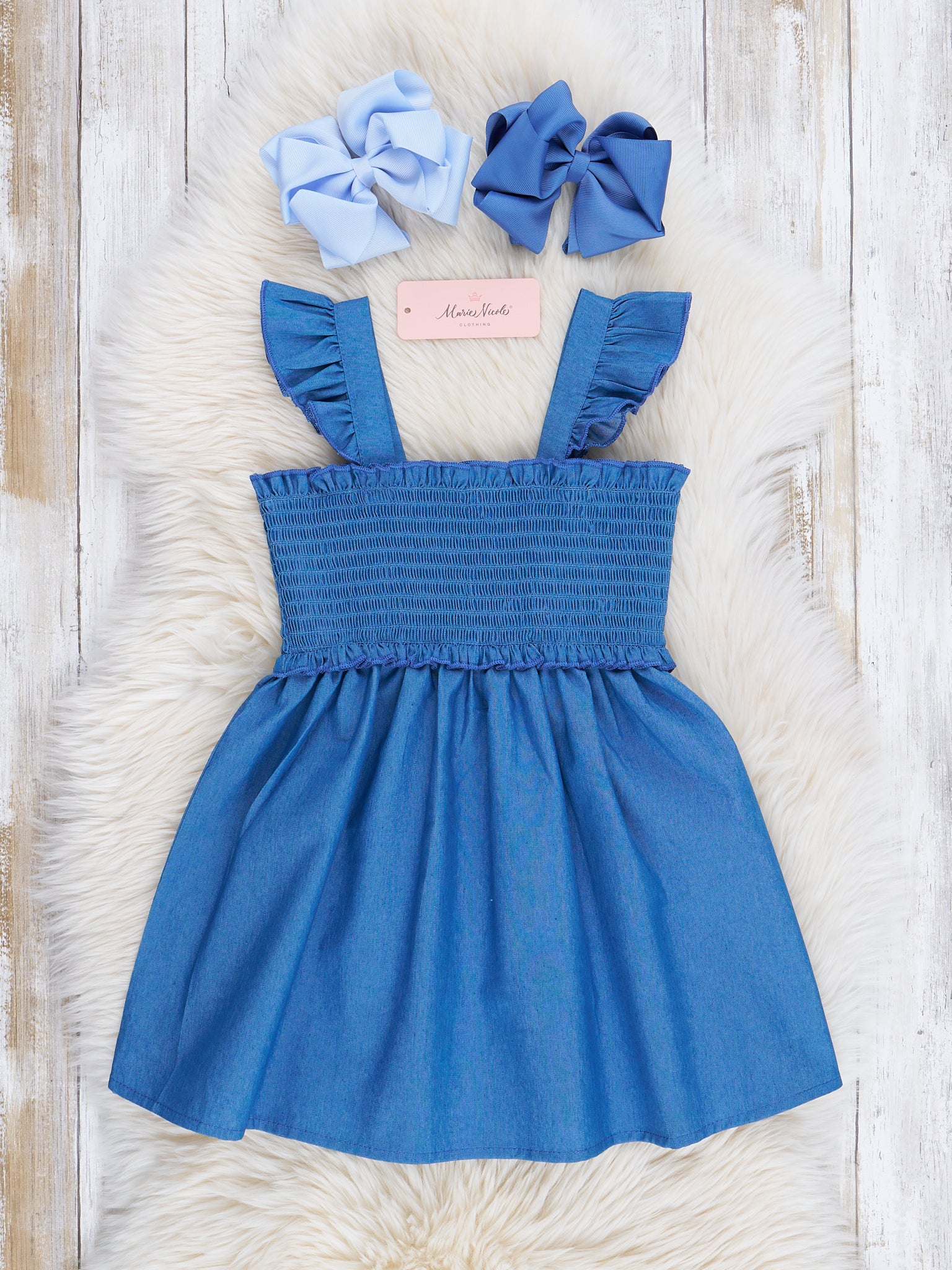 Mom & Me Smocked Chambray Ruffle Dress - Marie Nicole Clothing