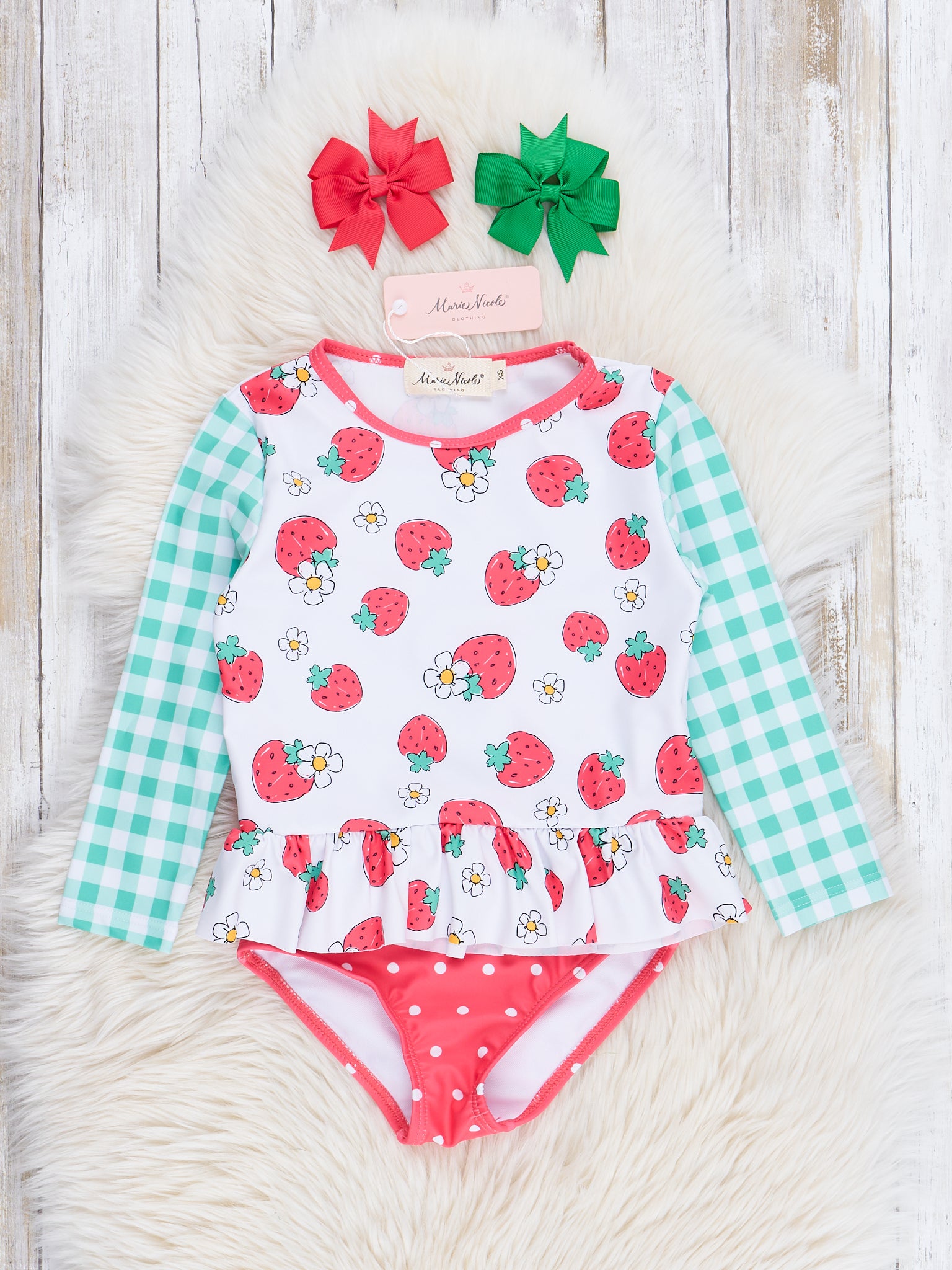Mint Gingham & Strawberry Dots Two - Piece Swimsuit - Marie Nicole Clothing