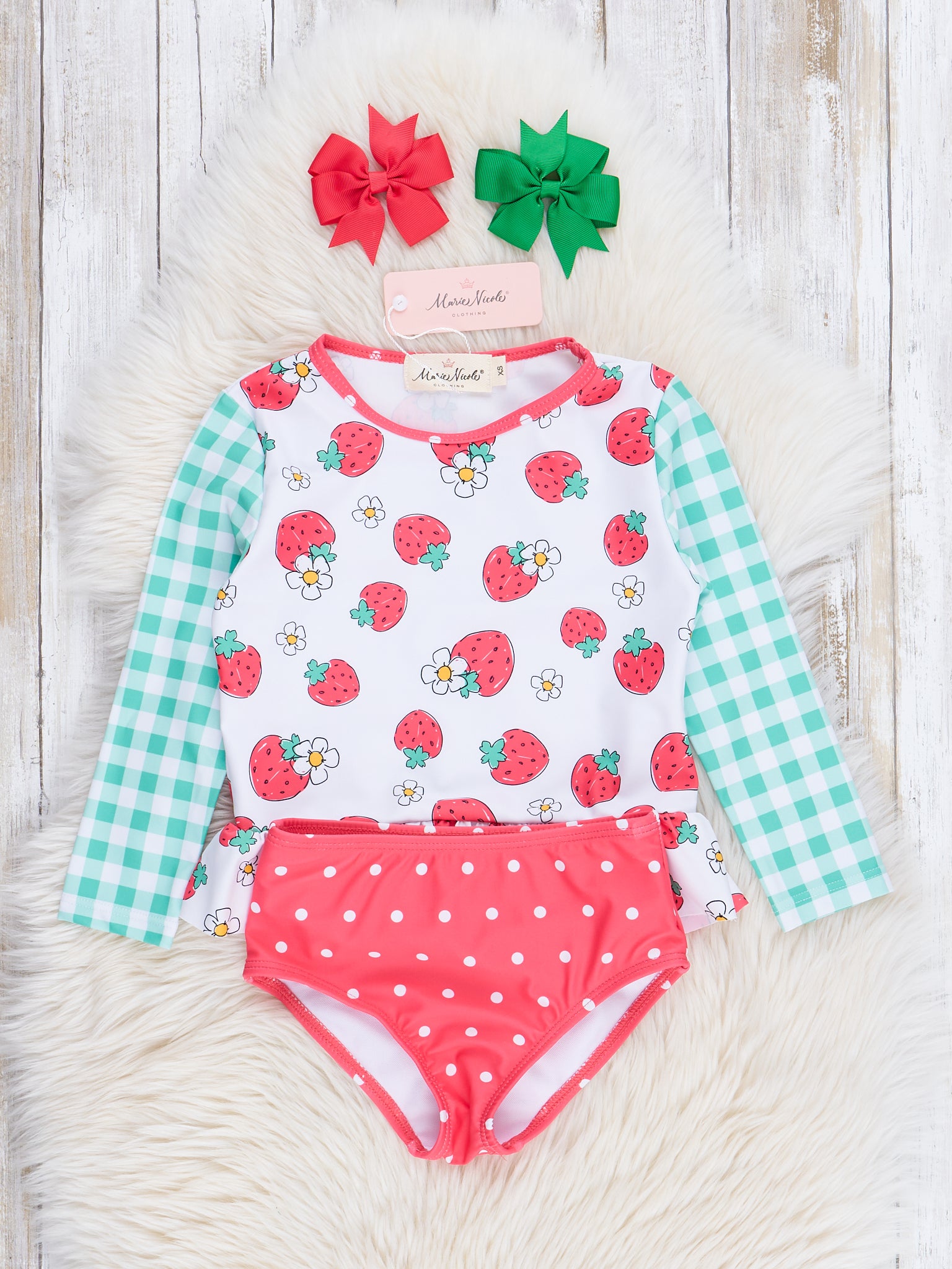 Mint Gingham & Strawberry Dots Two - Piece Swimsuit - Marie Nicole Clothing