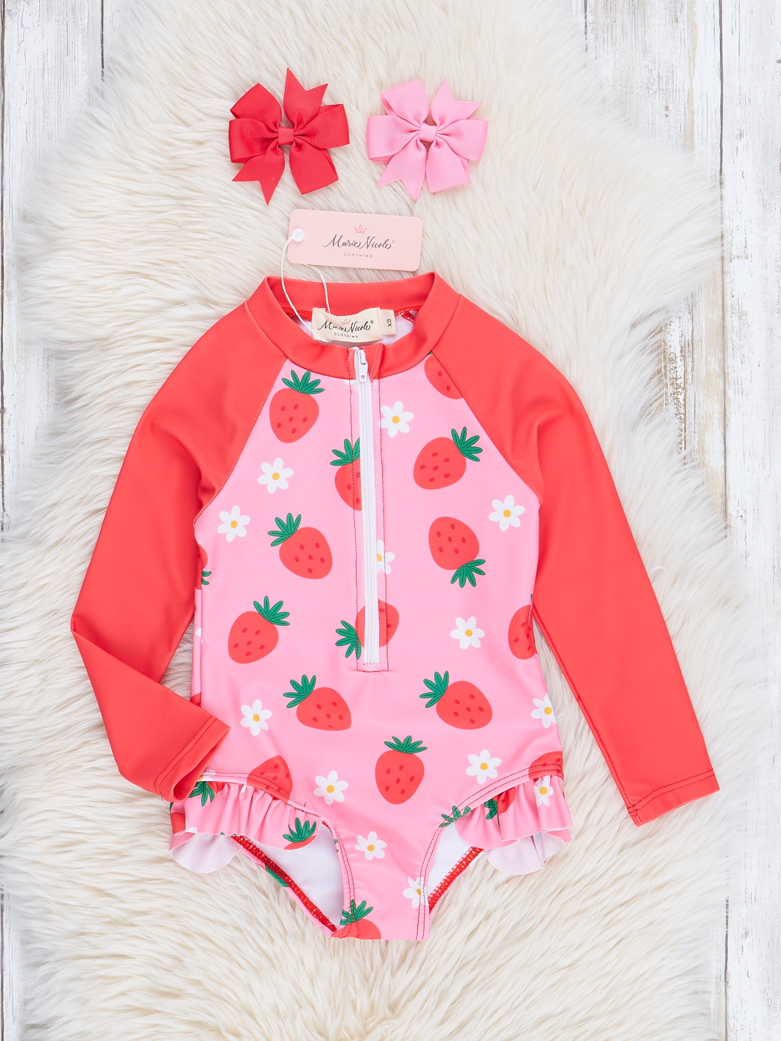 Pink & Red Raglan Strawberry One - Piece Swimsuit - Marie Nicole Clothing