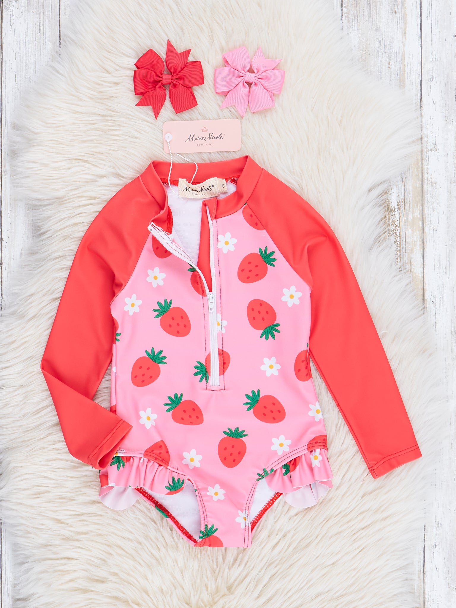 Pink & Red Raglan Strawberry One - Piece Swimsuit - Marie Nicole Clothing
