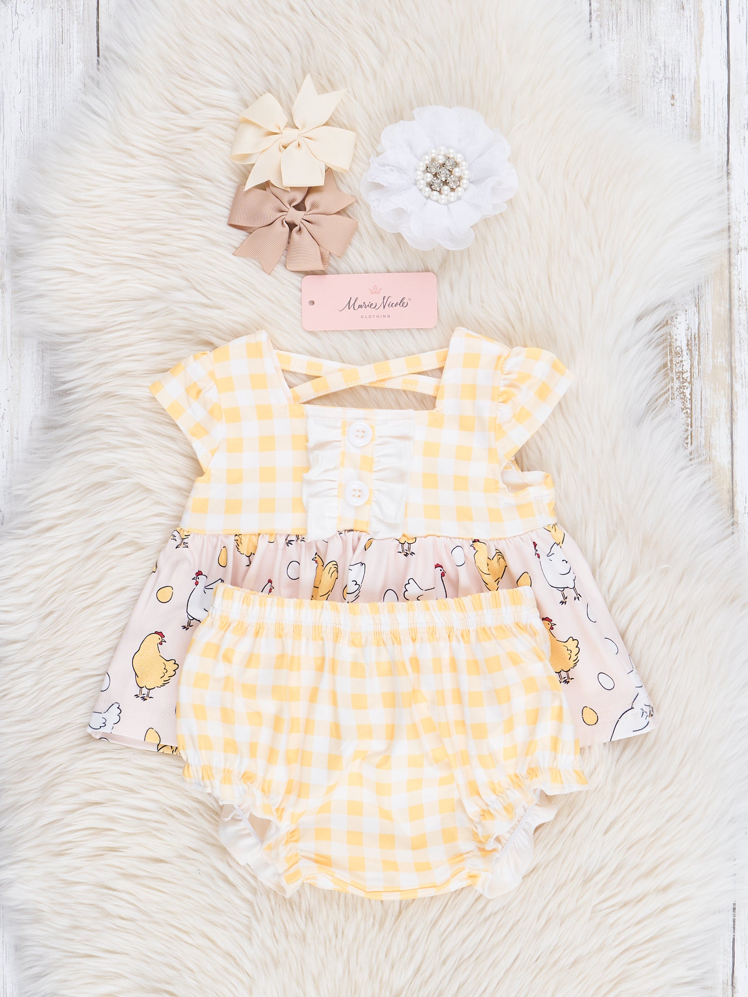 Yellow Gingham Chicken Bloomers Outfit - Marie Nicole Clothing
