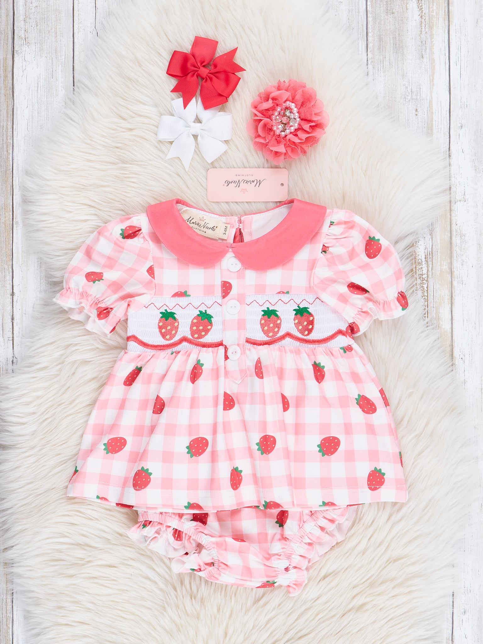 Smocked Strawberry Gingham Bloomers Outfit - Marie Nicole Clothing